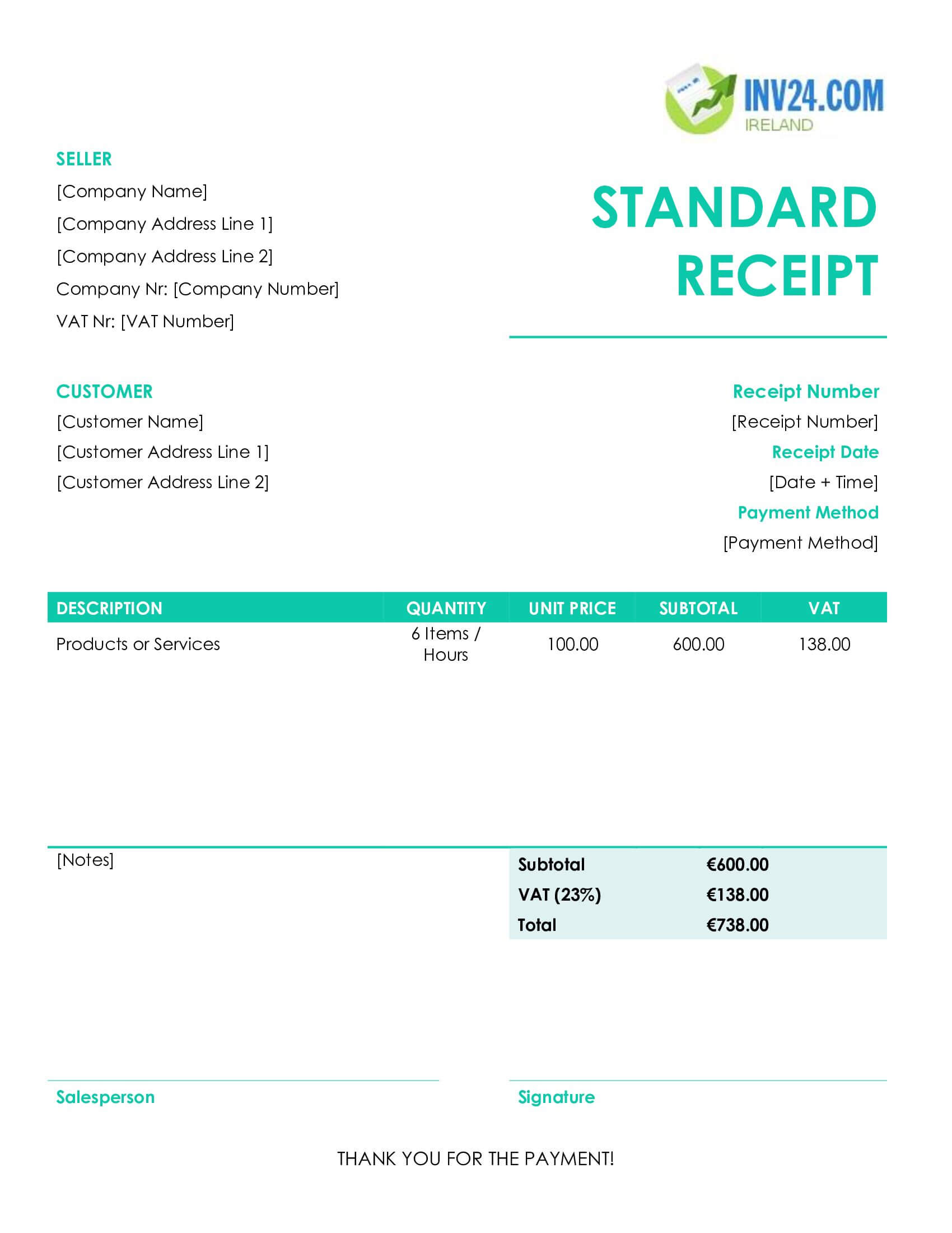 Standard Receipt Template for Ireland (Word / Google Docs)
