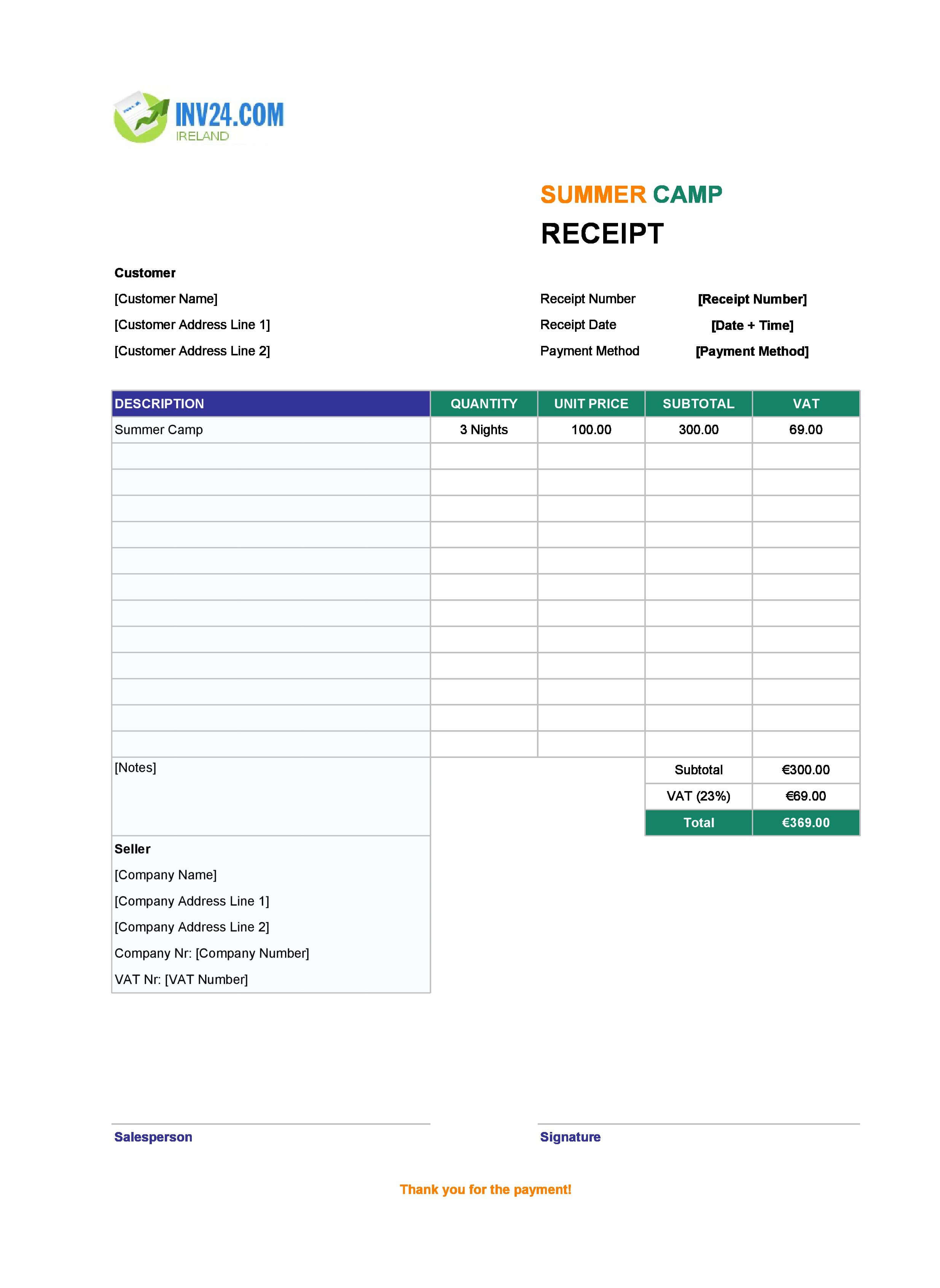 Summer Camp Receipt Template for Ireland (Excel / Google Sheets)