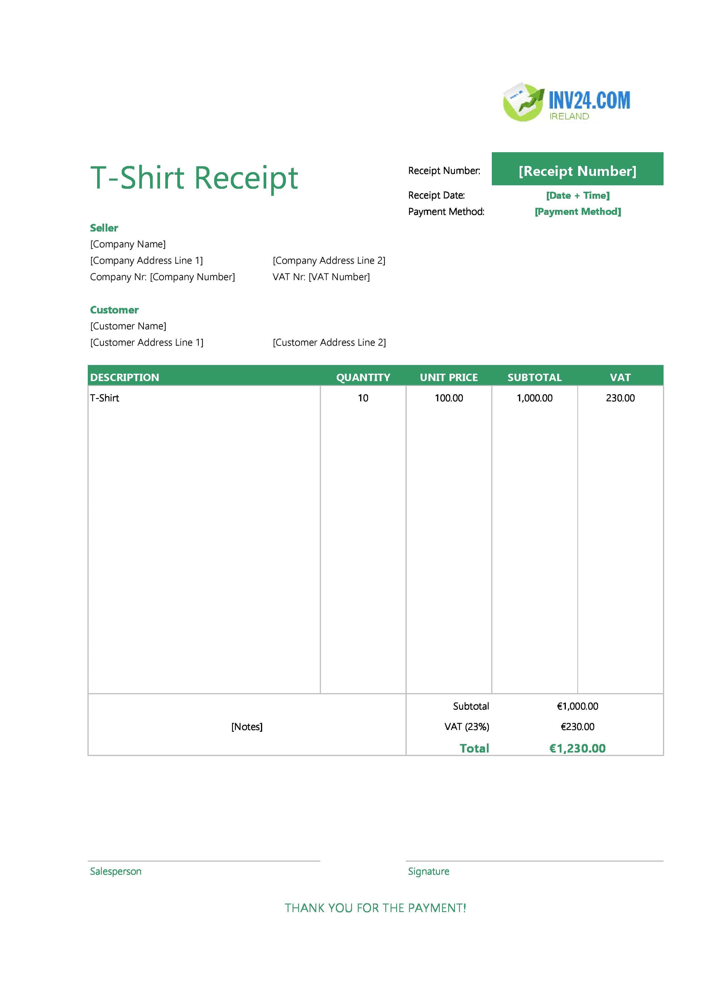 T-Shirt Receipt Template for Ireland (Excel / Google Sheets)