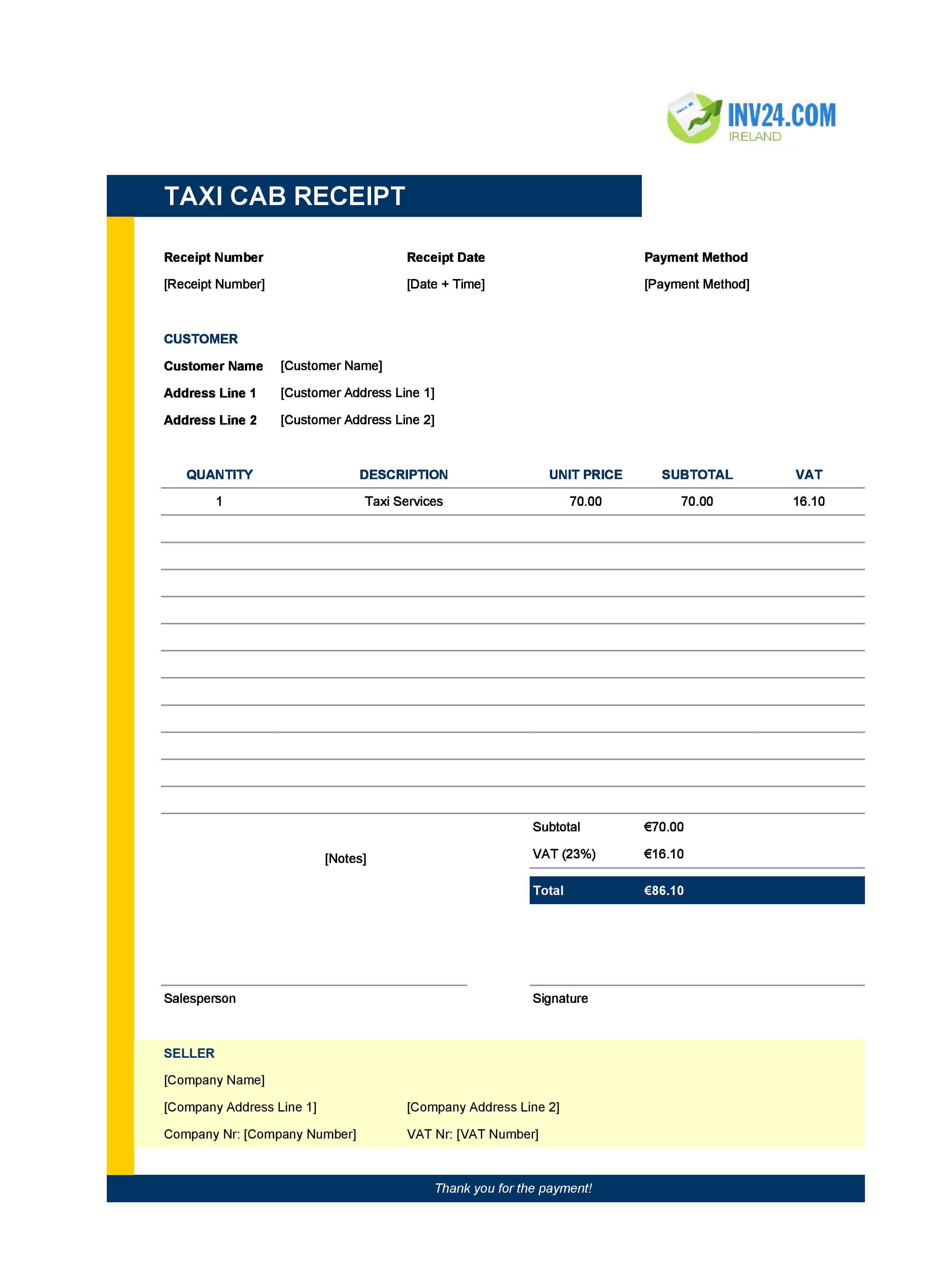 Taxi Cab Receipt Template for Ireland (Excel / Google Sheets)