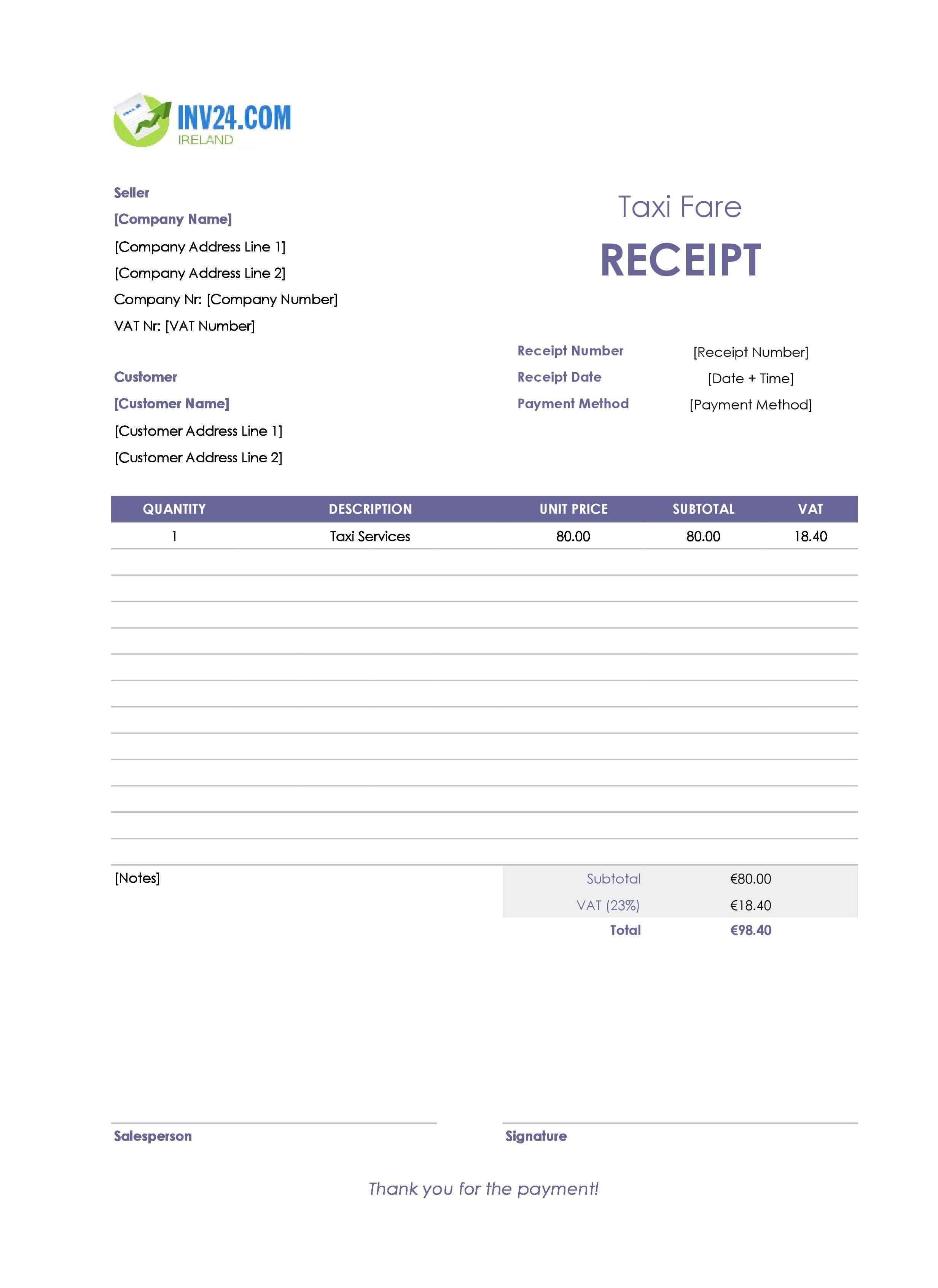 Taxi Fare Receipt Template for Ireland (Excel / Google Sheets)