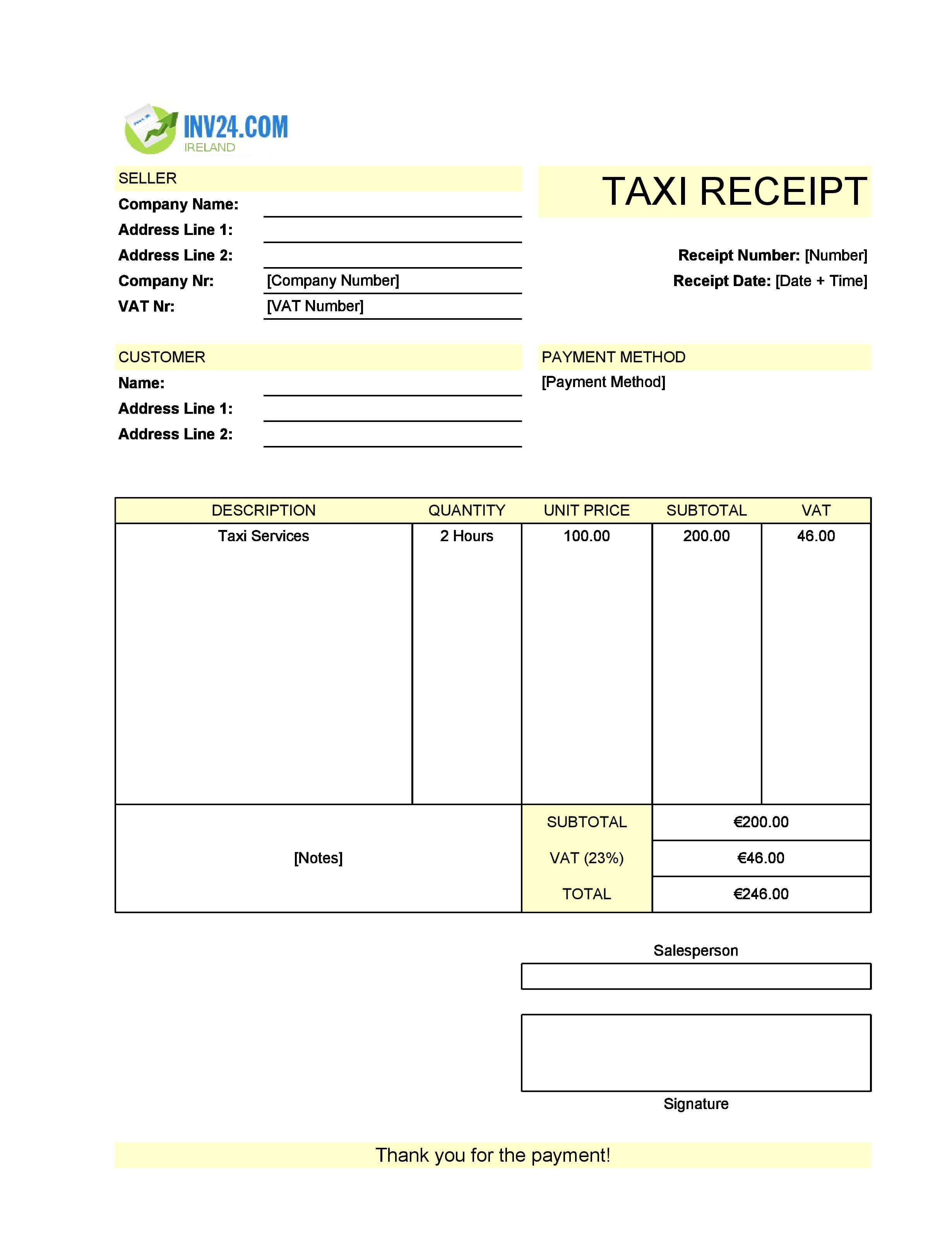 Taxi Receipt Template for Ireland (Excel / Google Sheets)