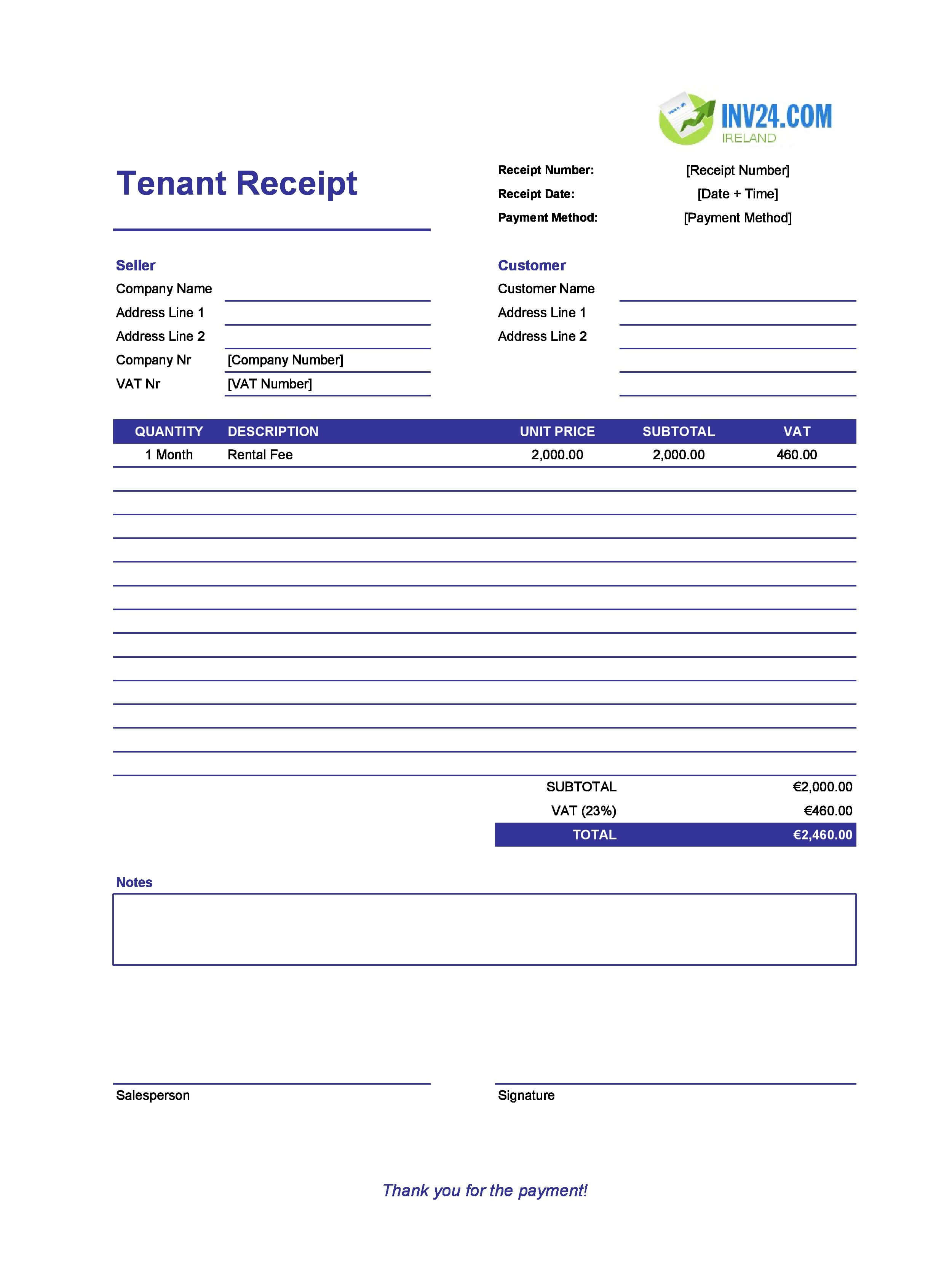 Tenant Receipt Template for Ireland (Excel / Google Sheets)