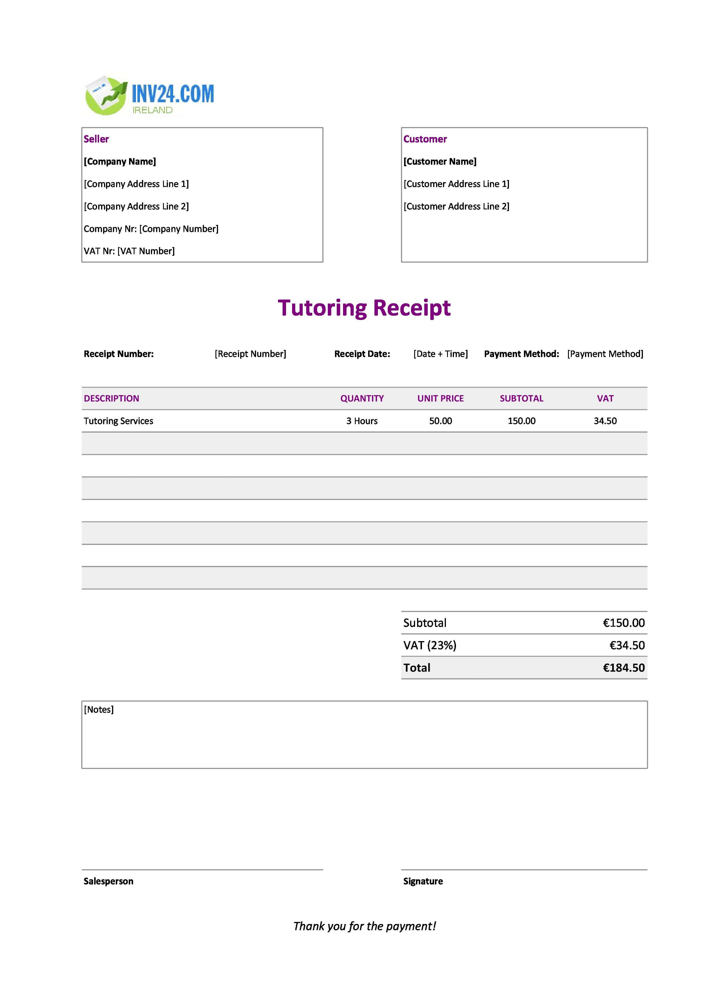Tutoring Receipt Template for Ireland (Excel / Google Sheets)
