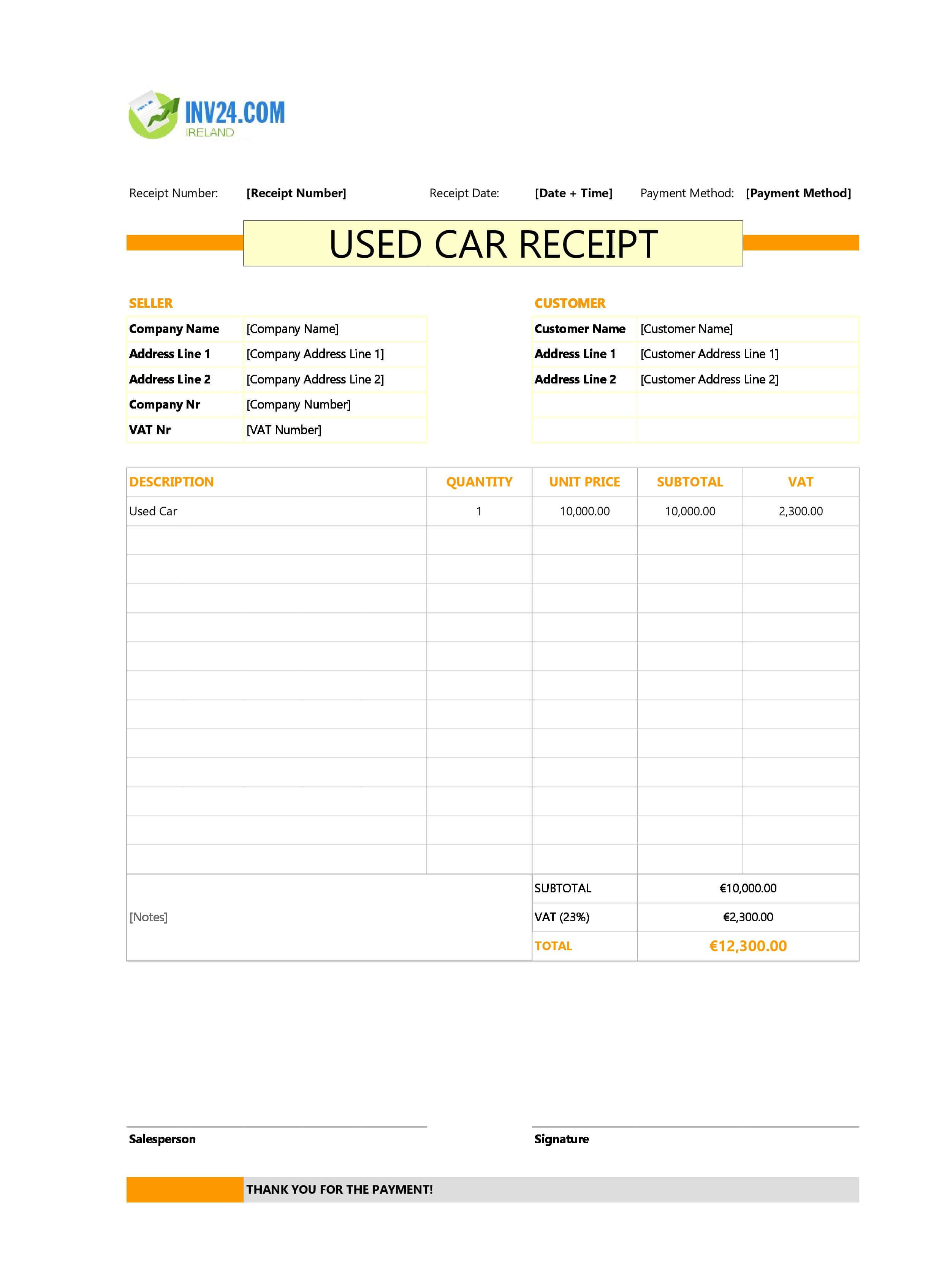 Used Car Receipt Template for Ireland (Excel / Google Sheets)