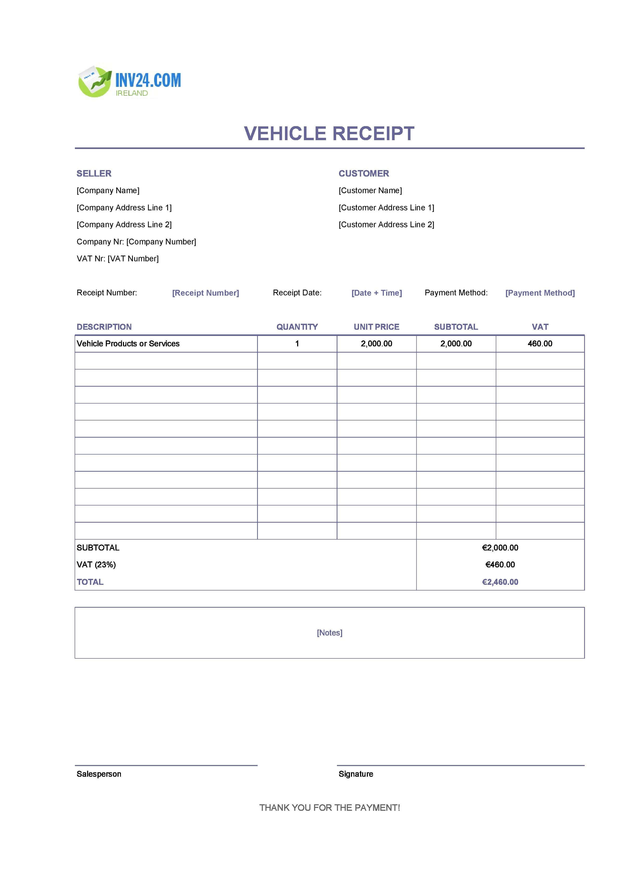 Vehicle Receipt Template for Ireland (Excel / Google Sheets)
