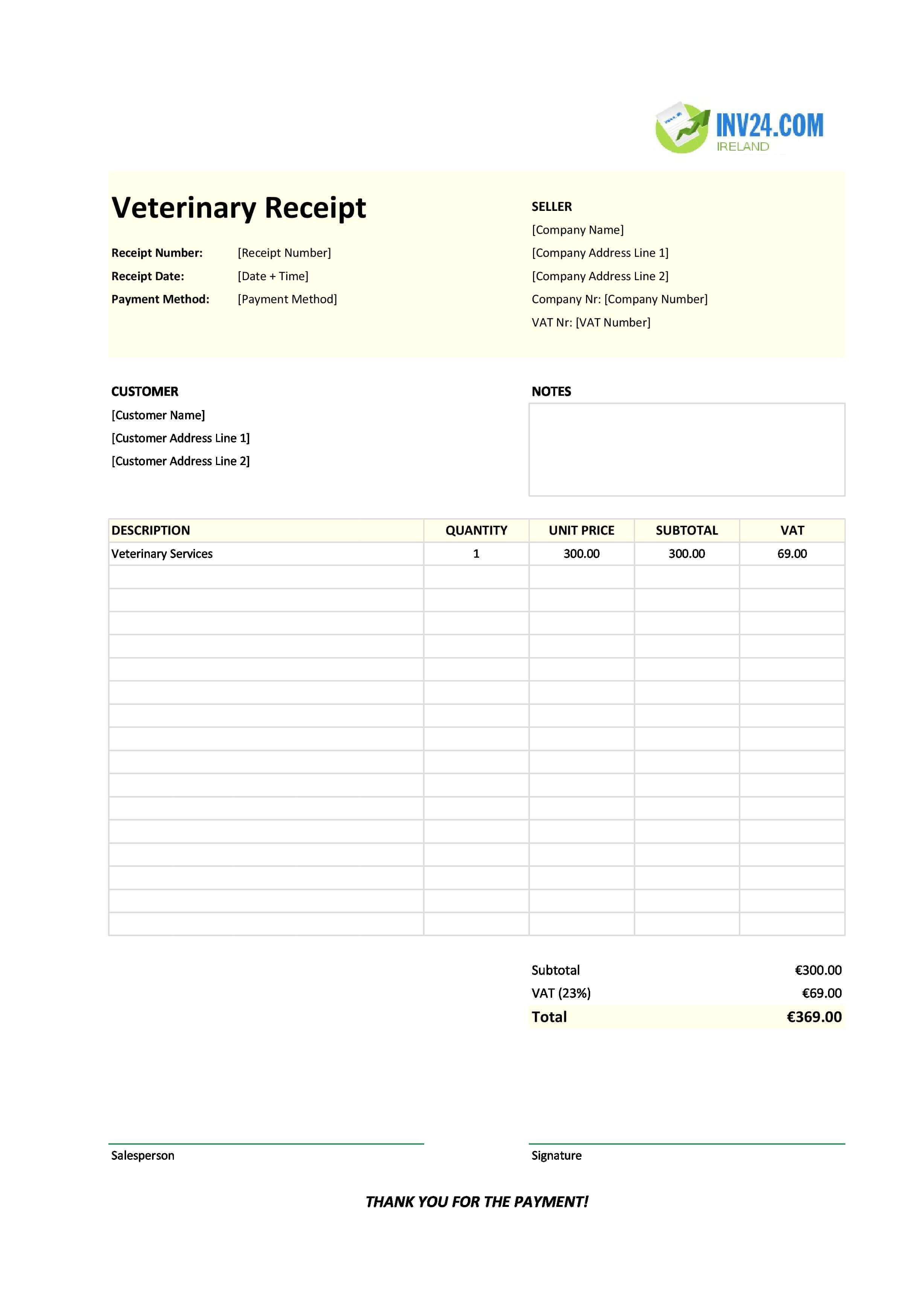 Veterinary Receipt Template for Ireland (Excel / Google Sheets)