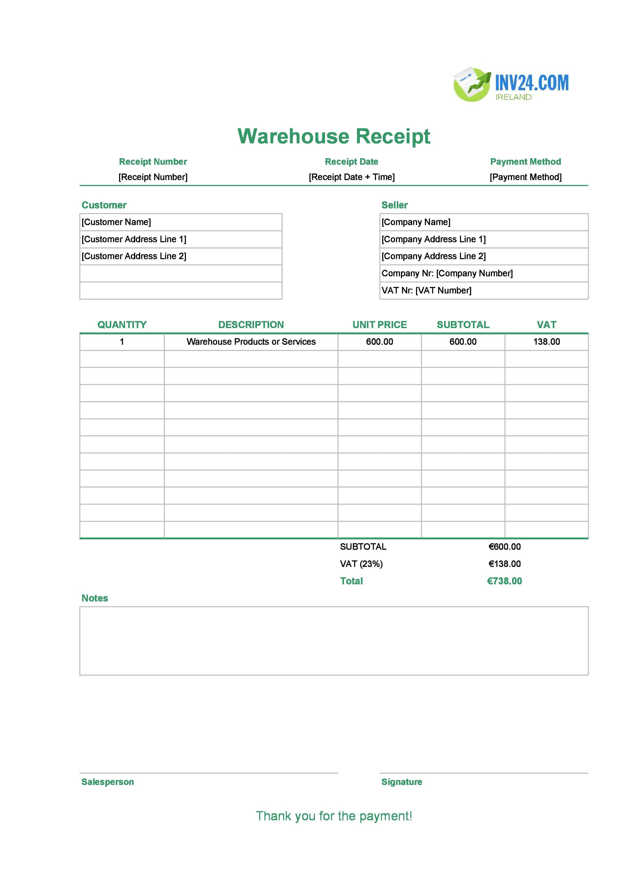 Warehouse Receipt Template for Ireland (Excel / Google Sheets)