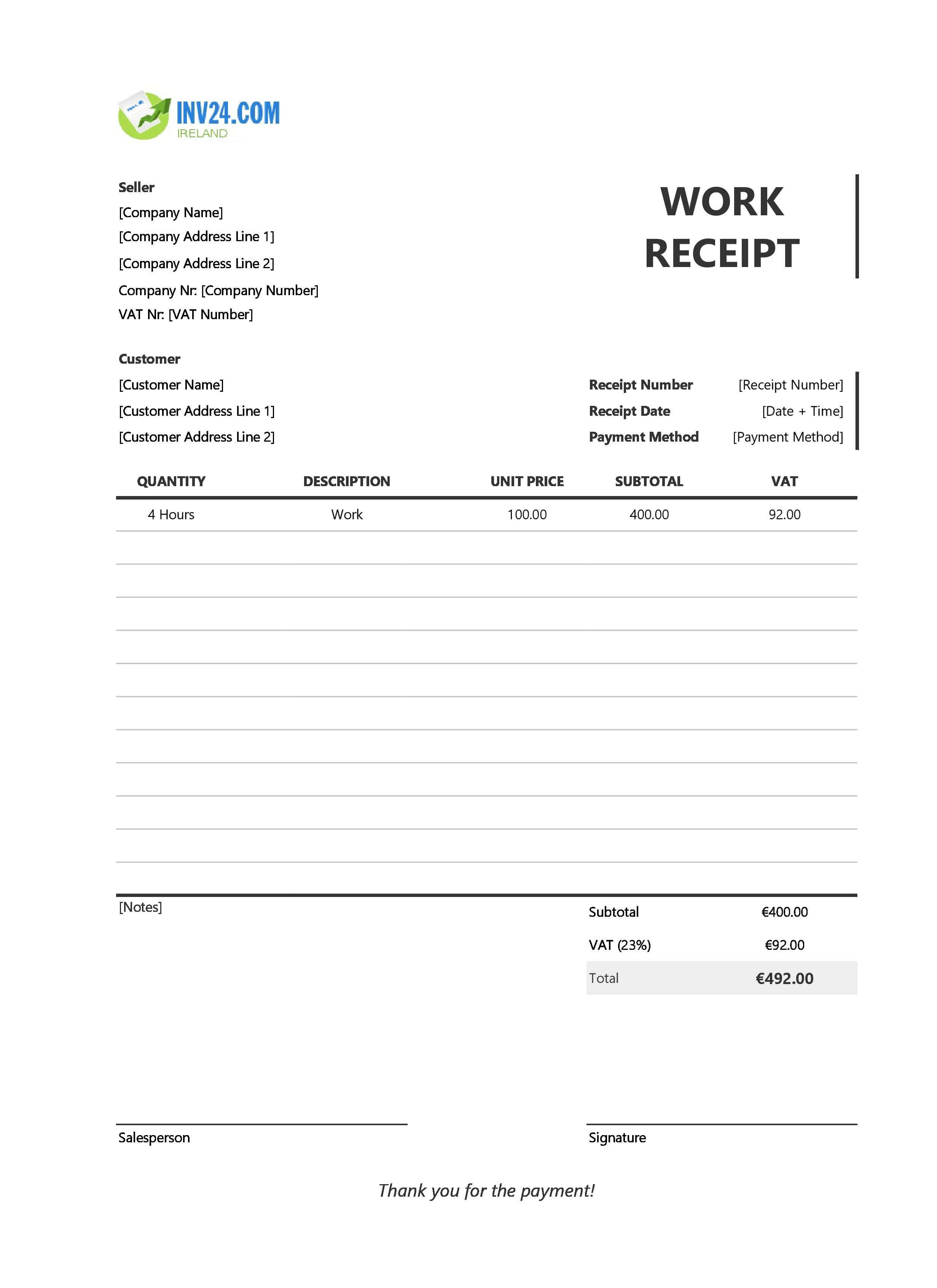 Work Receipt Template for Ireland (Excel / Google Sheets)