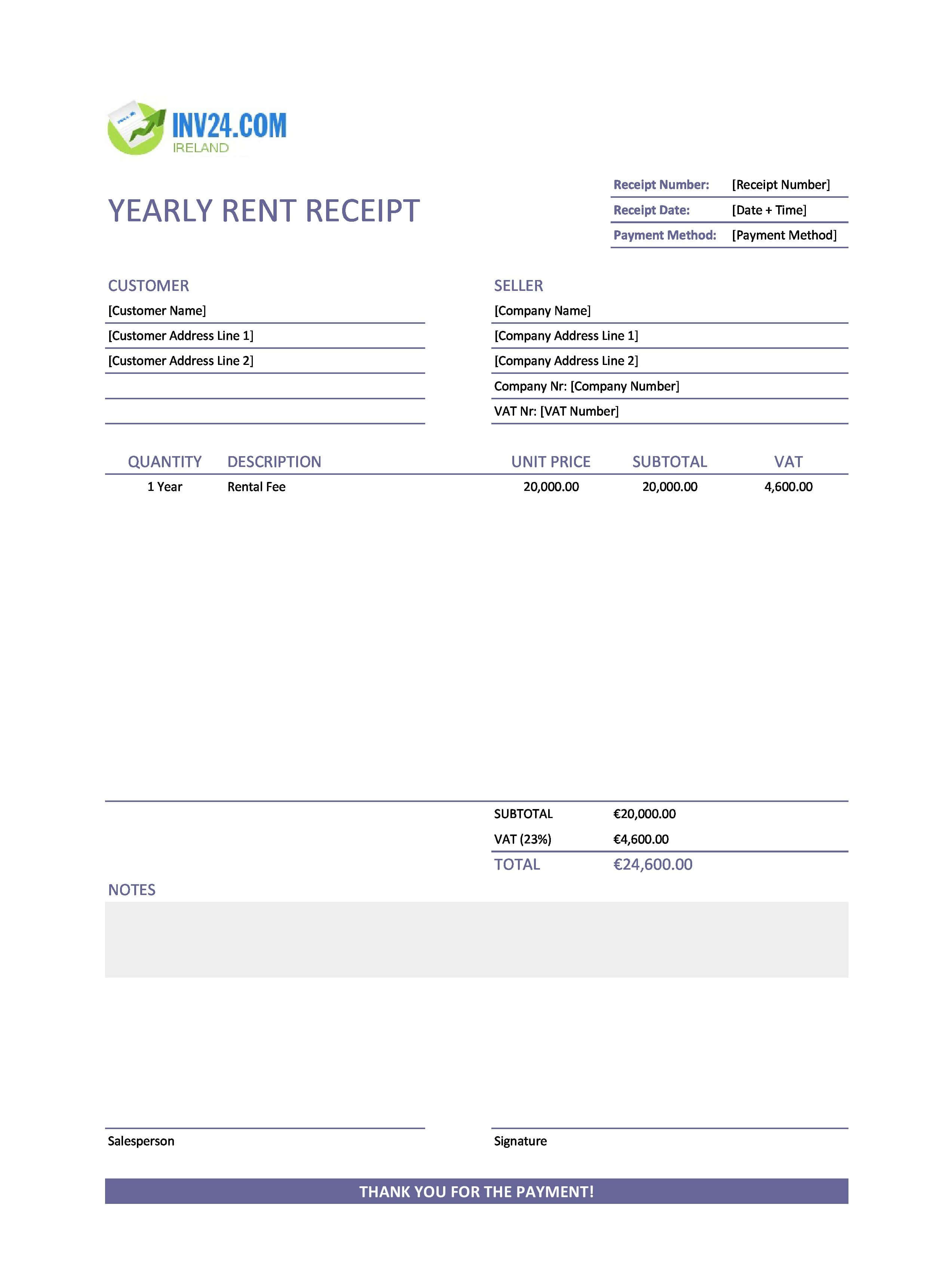 Yearly Rent Receipt Template for Ireland (Excel / Google Sheets)