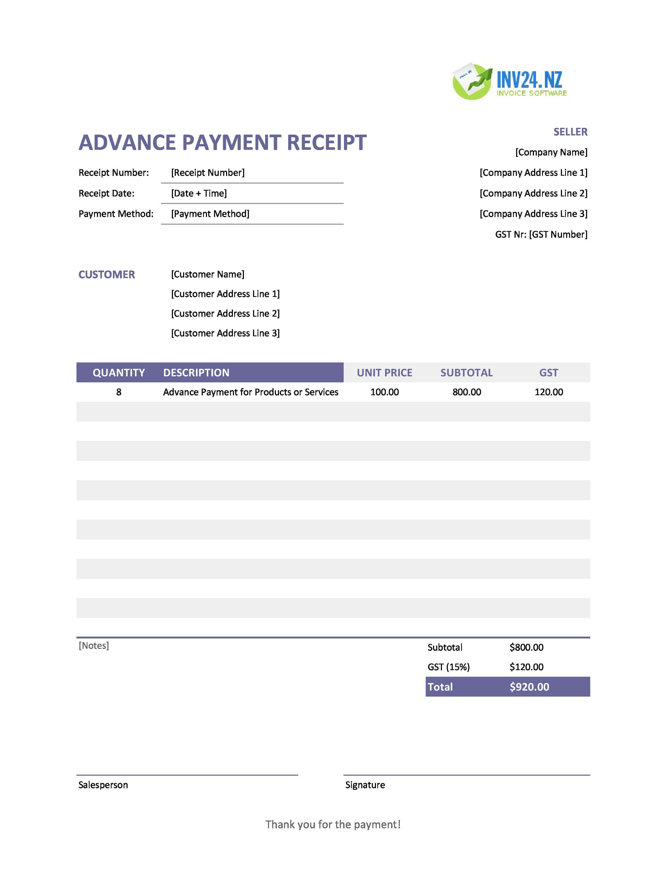 Advance Payment Receipt Template for New Zealand (Excel / Google Sheets)