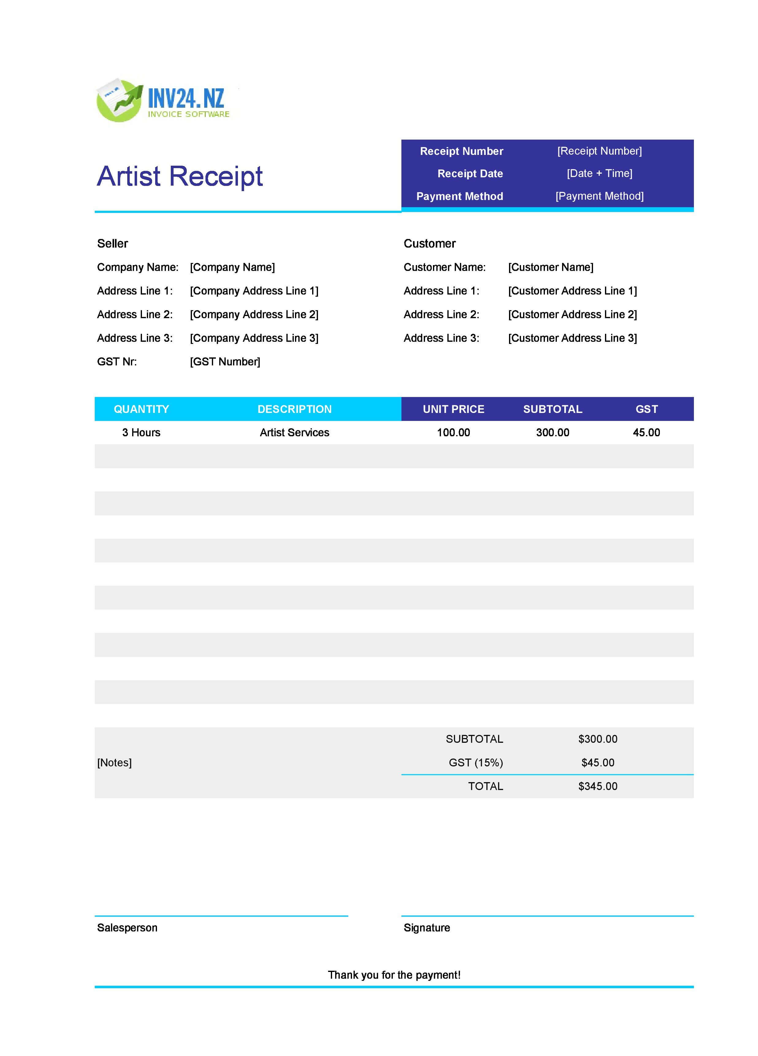 Artist Receipt Template for New Zealand (Excel / Google Sheets)