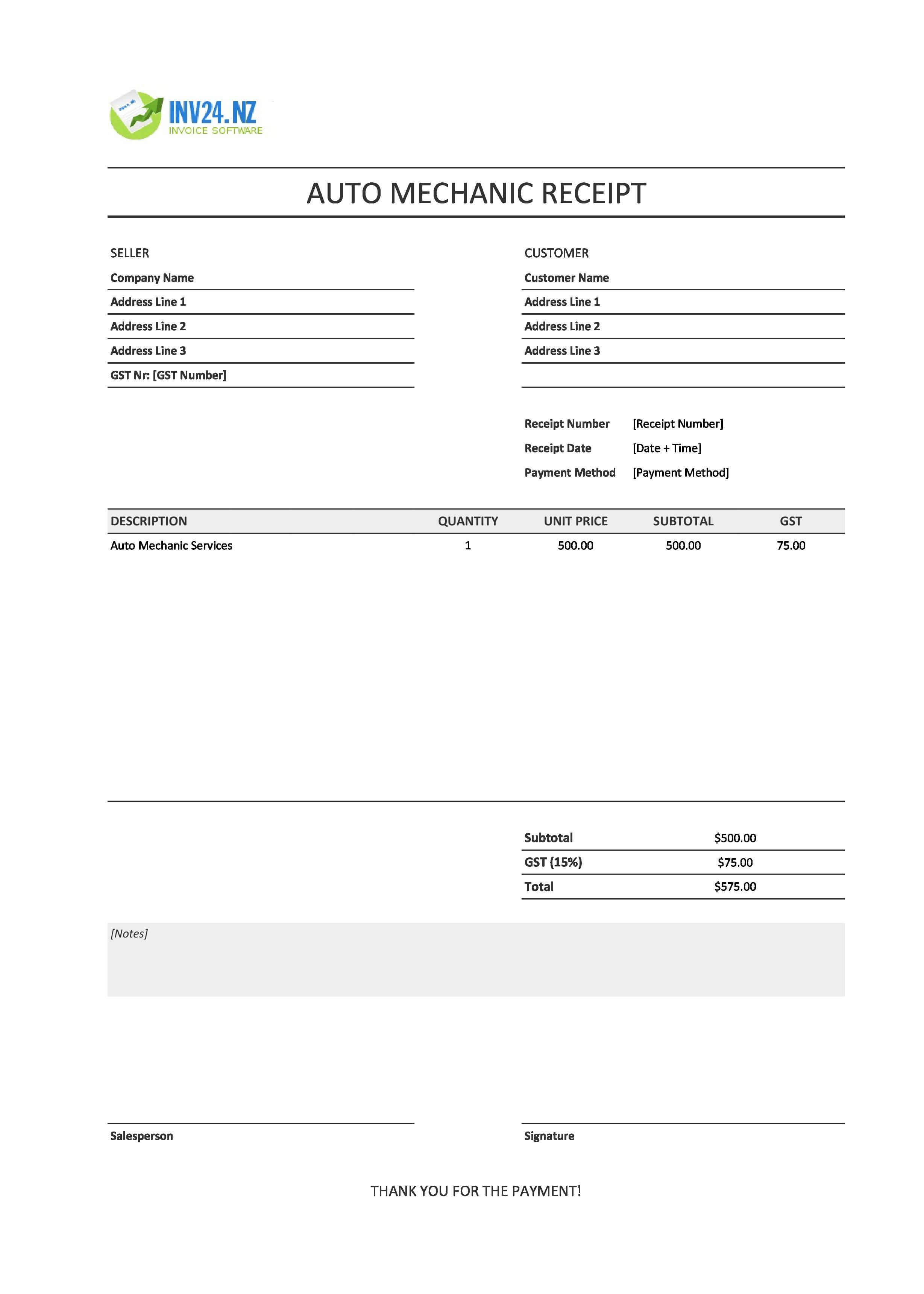 Auto Mechanic Receipt Template for New Zealand (Excel / Google Sheets)