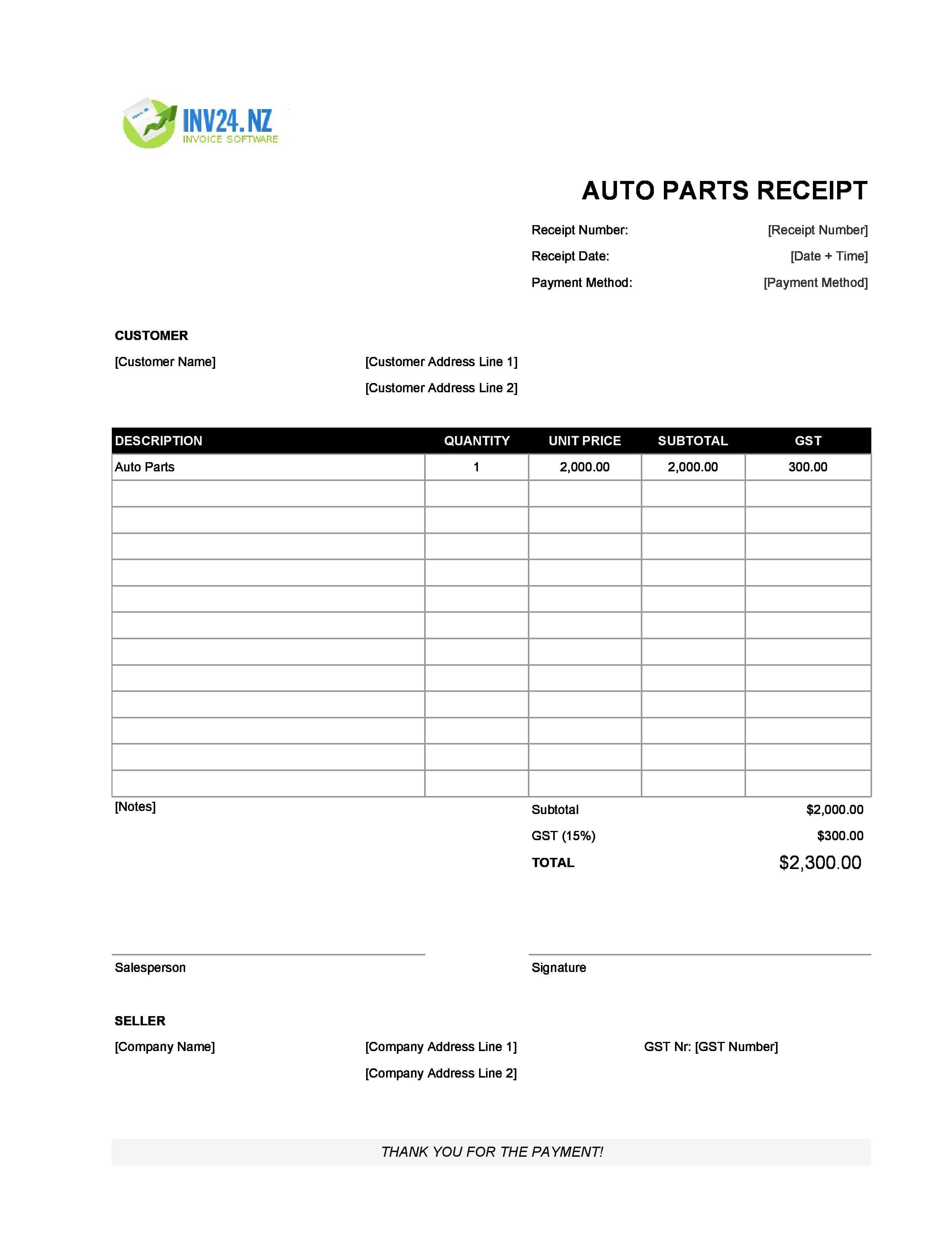 Auto Parts Receipt Template for New Zealand (Excel / Google Sheets)