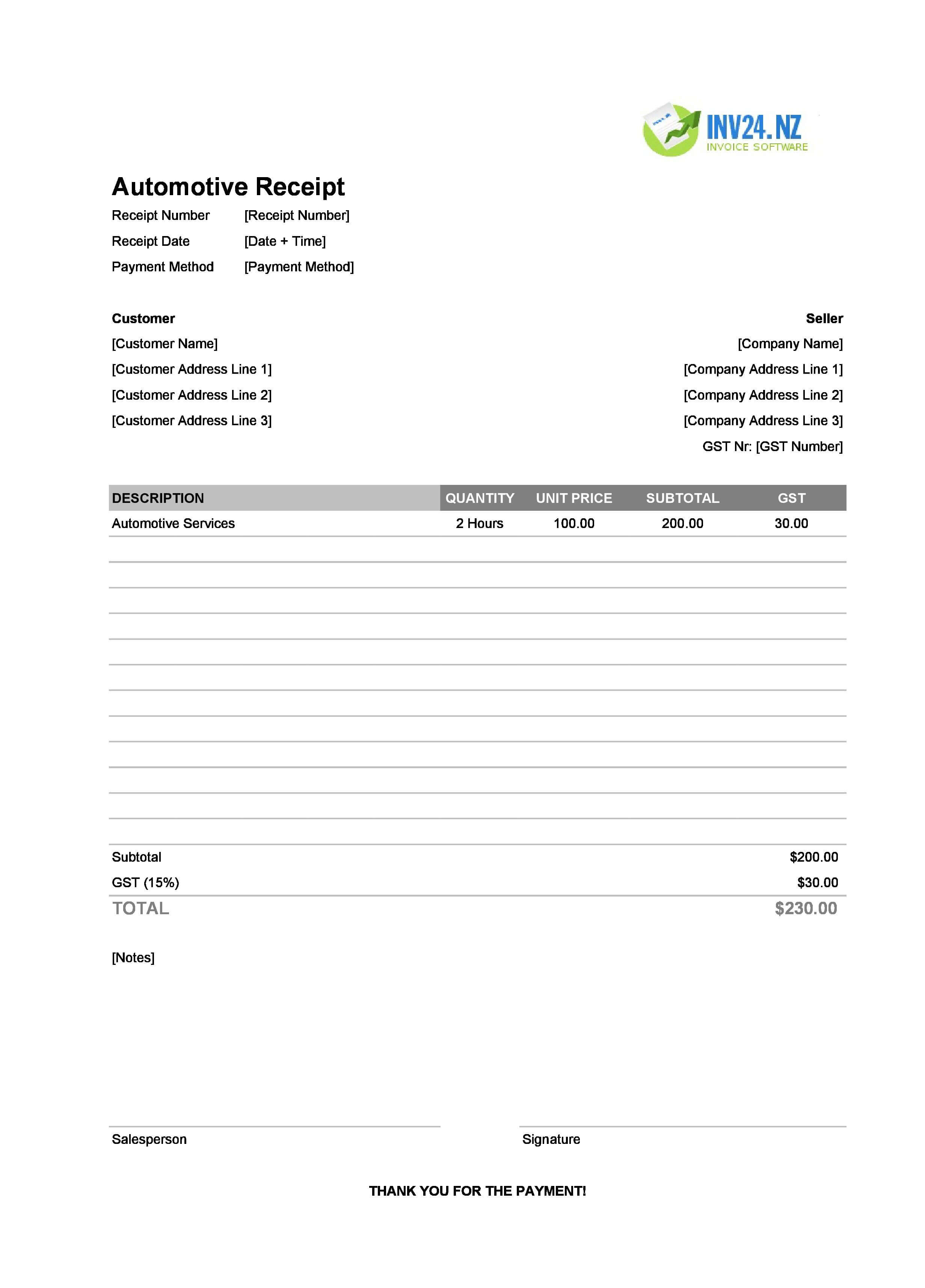 Automotive Receipt Template for New Zealand (Excel / Google Sheets)