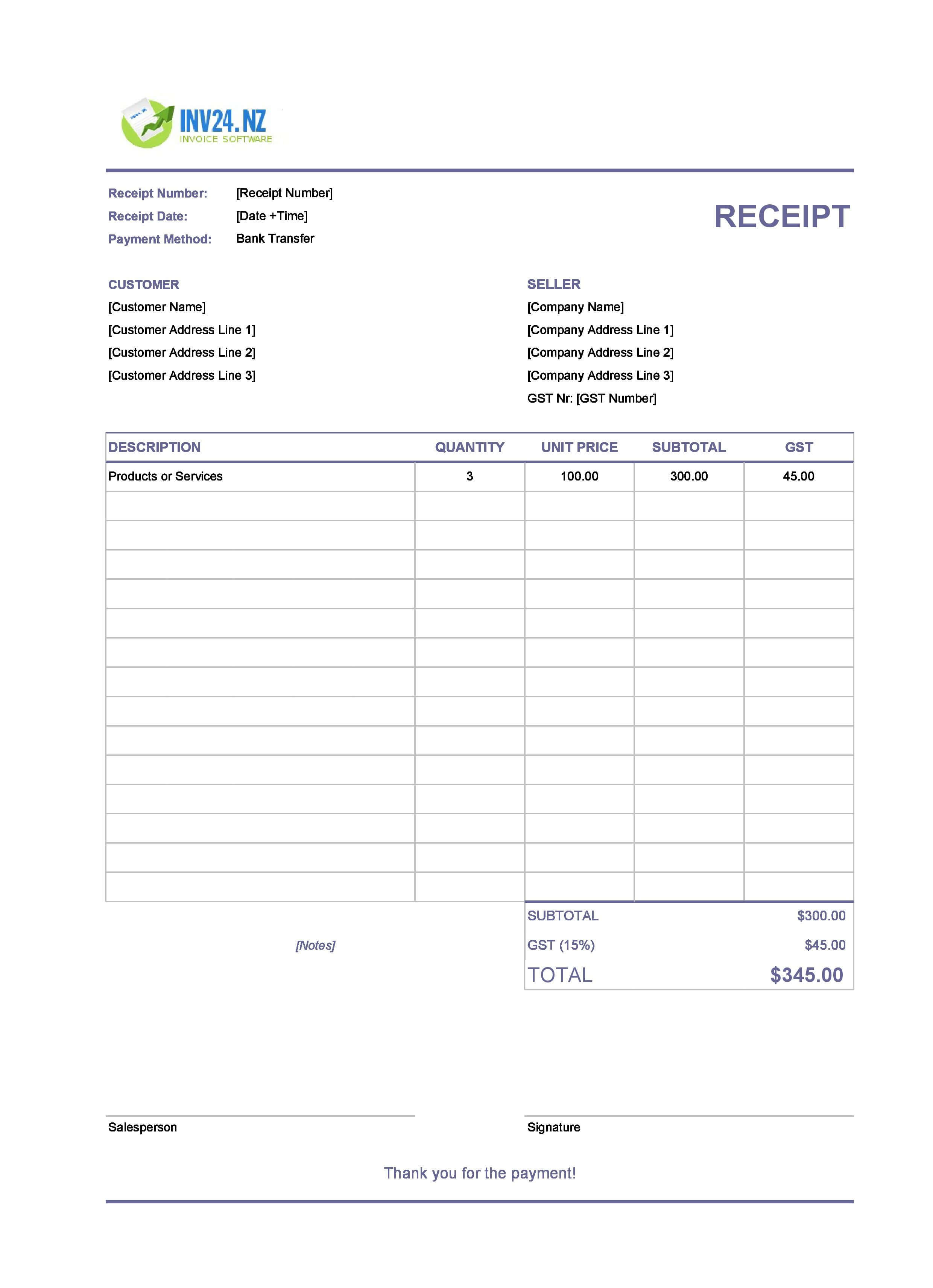 Bank Transfer Receipt Template for New Zealand (Excel / Google Sheets)