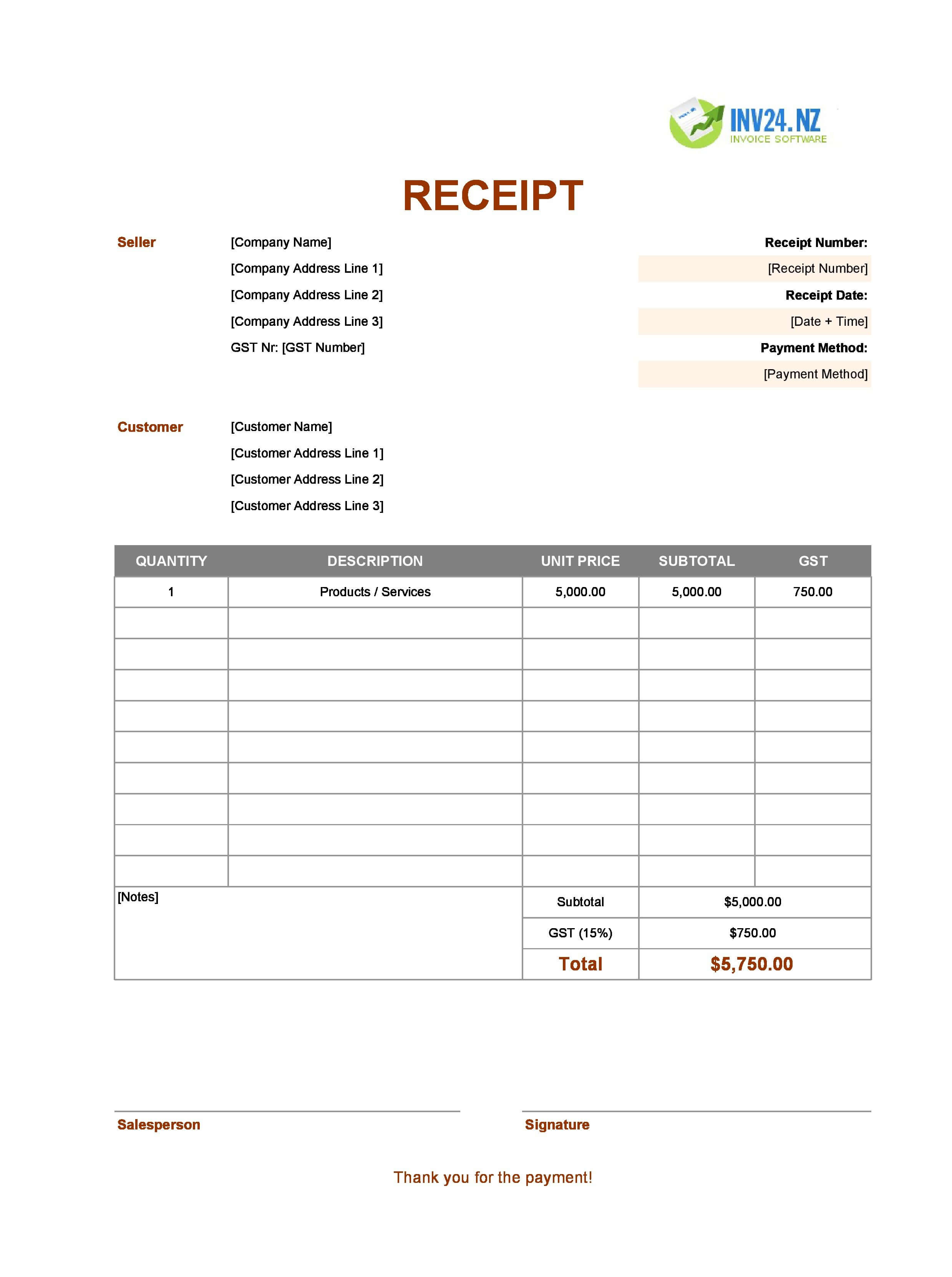 Basic Receipt Template for New Zealand (Excel / Google Sheets)