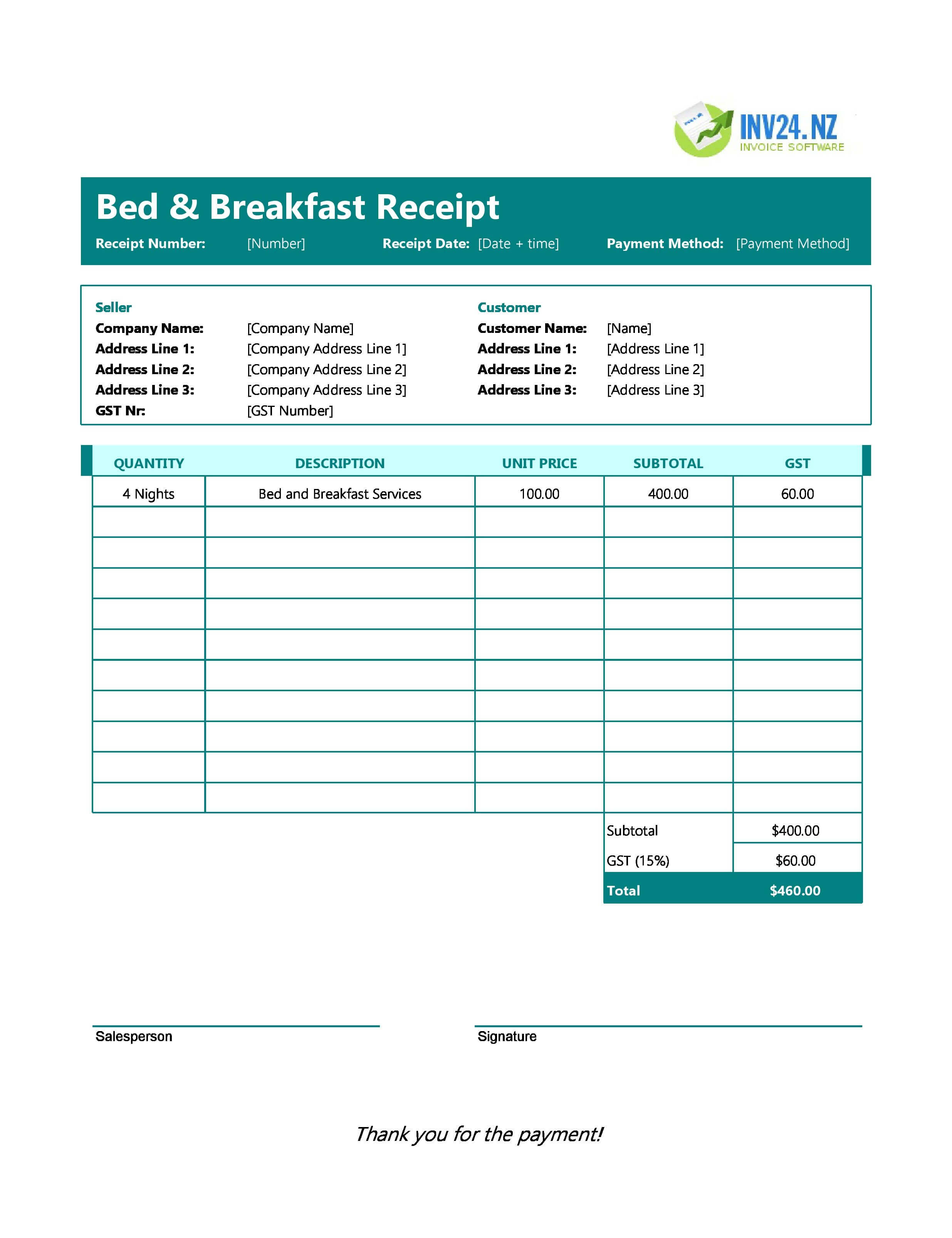 Bed And Breakfast Receipt Template for New Zealand (Excel / Google Sheets)