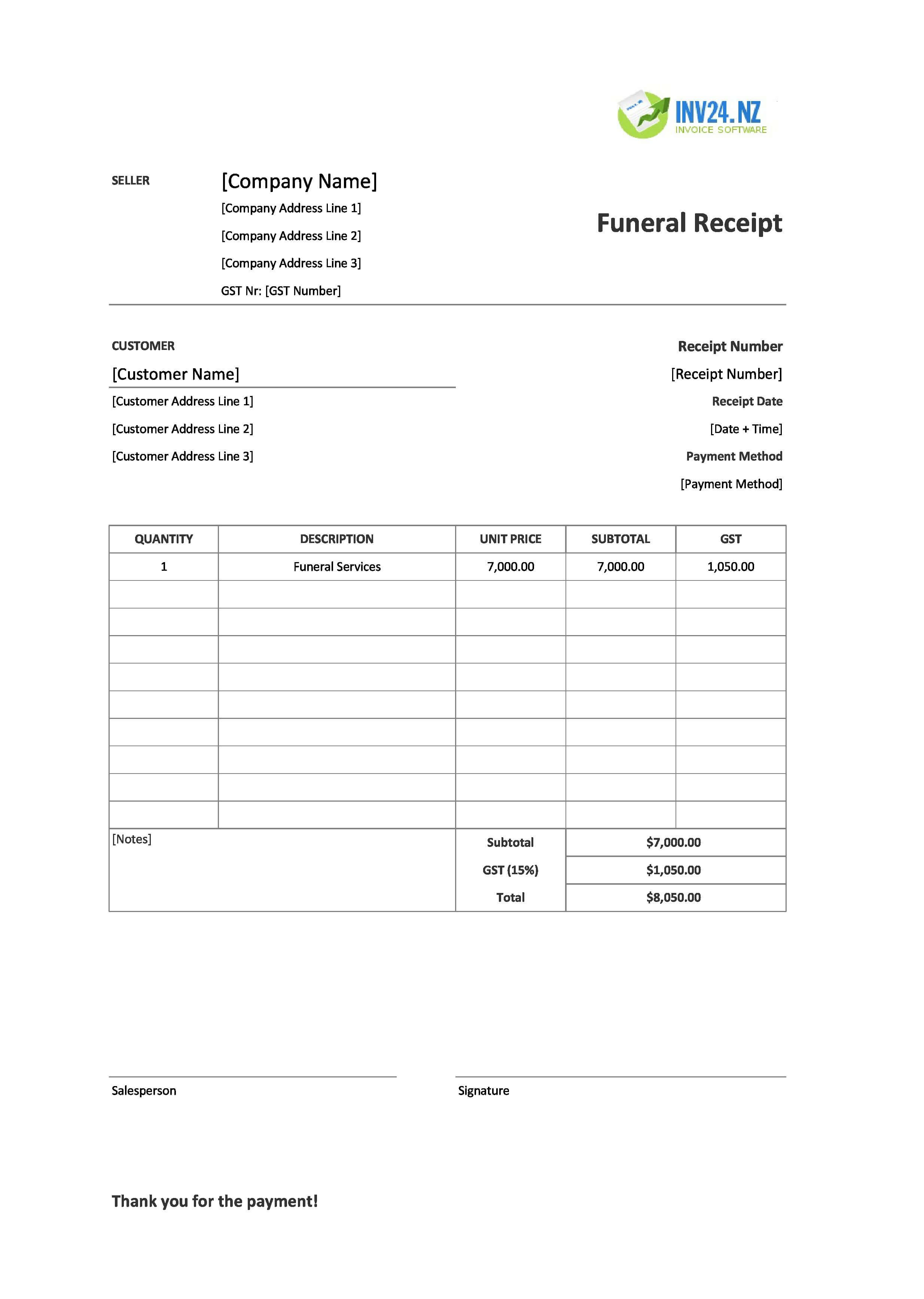 Blank Funeral Receipt Template for New Zealand (Excel / Google Sheets)