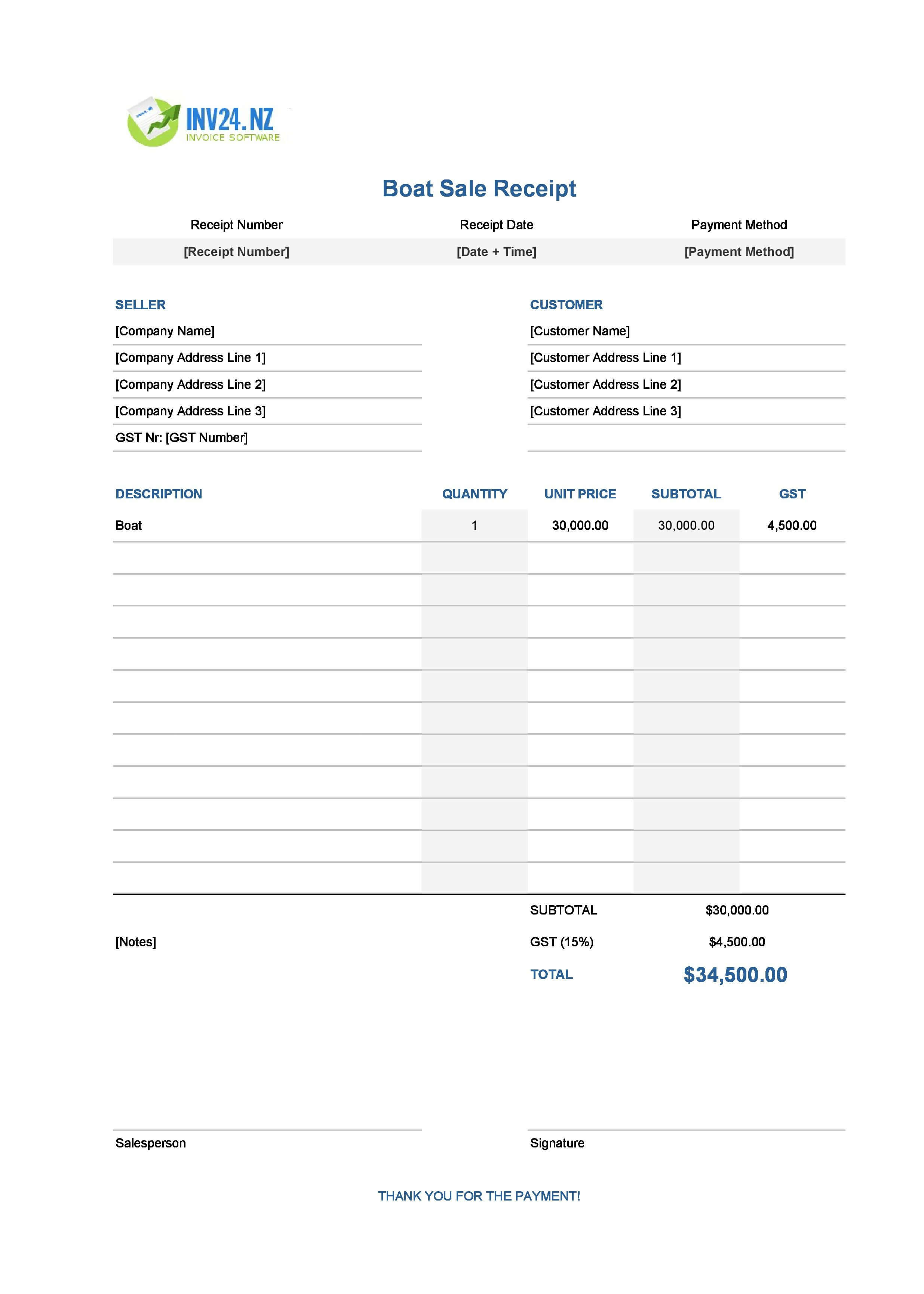 Boat Sale Receipt Template for New Zealand (Excel / Google Sheets)