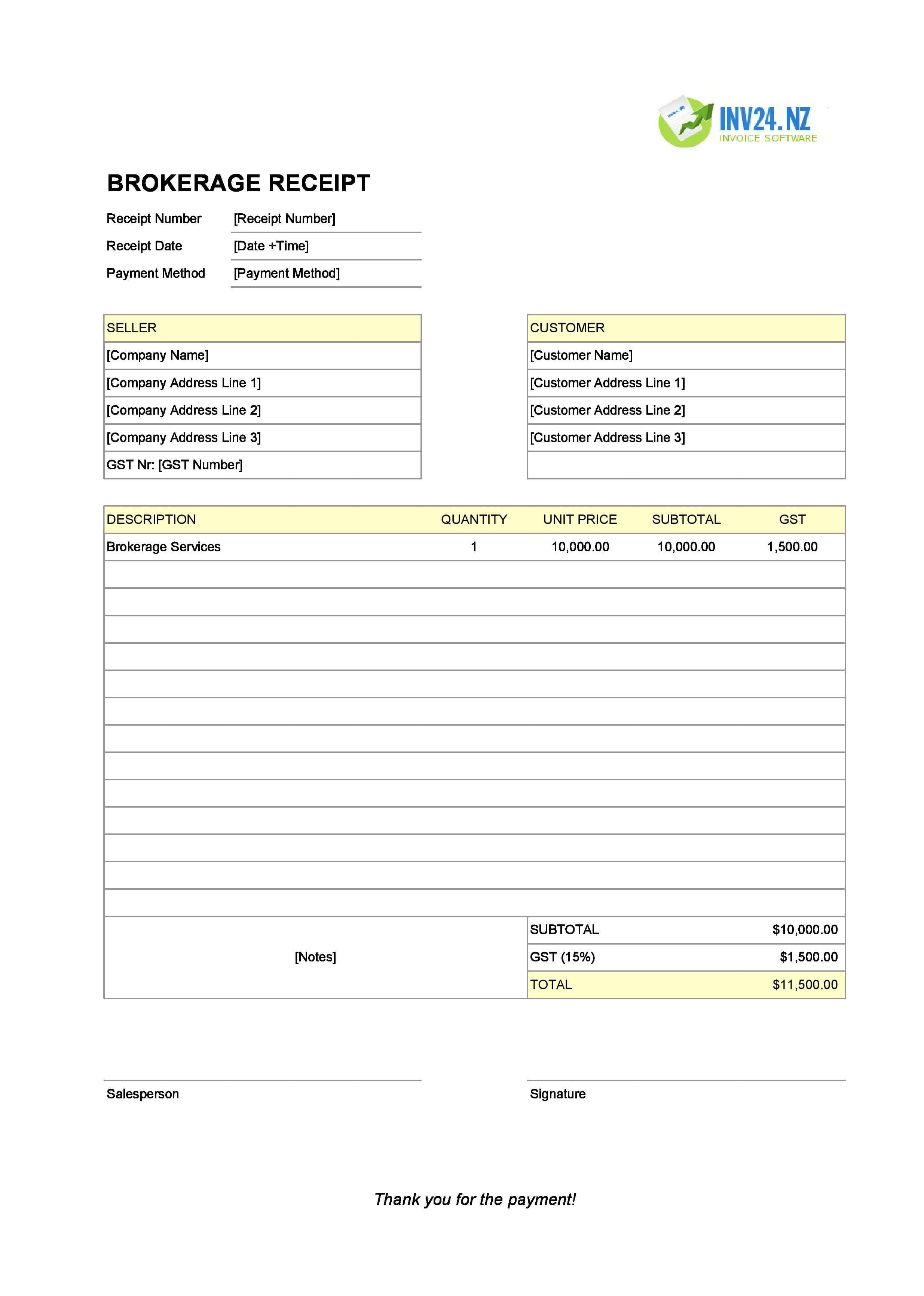 Brokerage Receipt Template for New Zealand (Excel / Google Sheets)