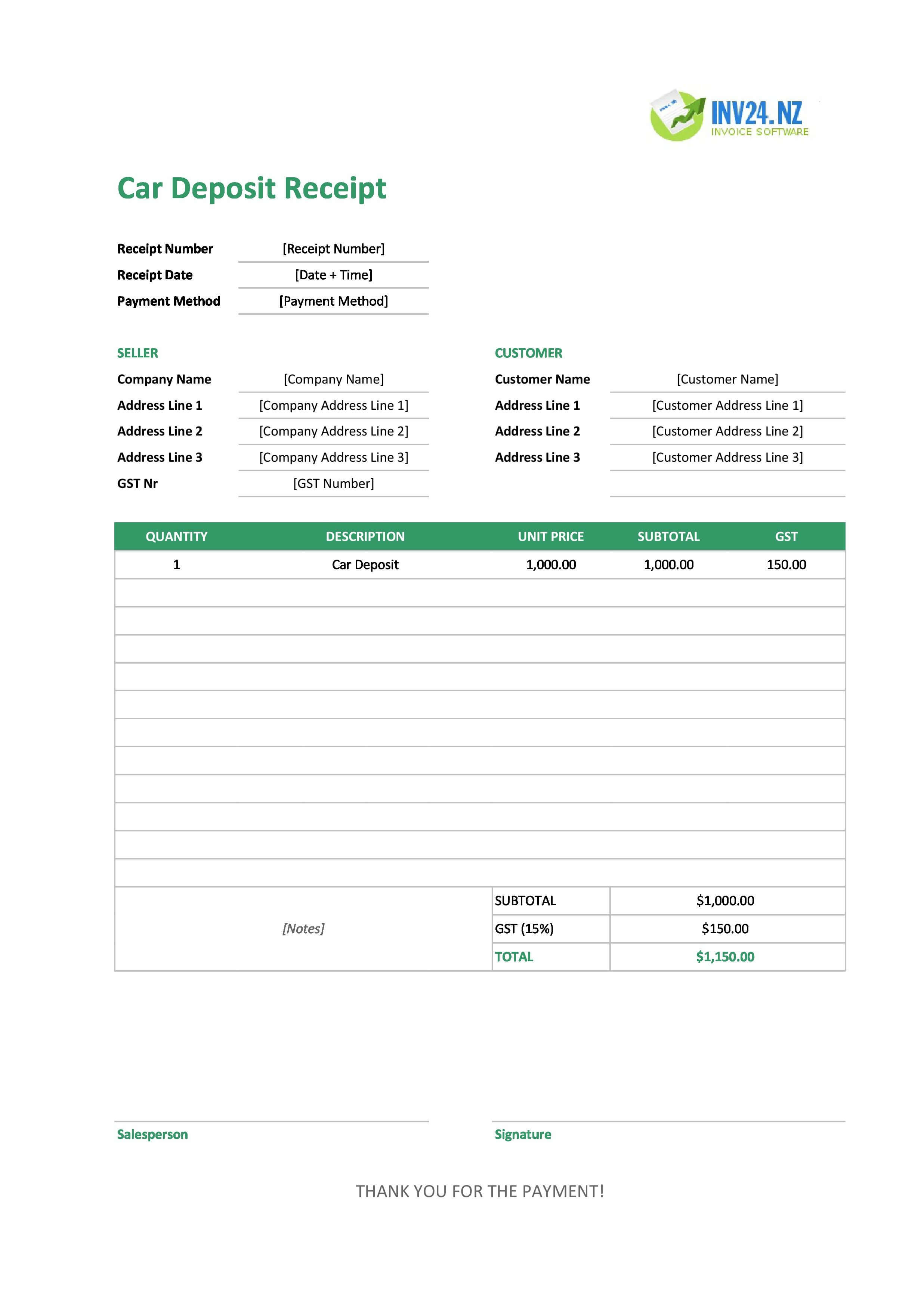 Car Deposit Receipt Template for New Zealand (Excel / Google Sheets)