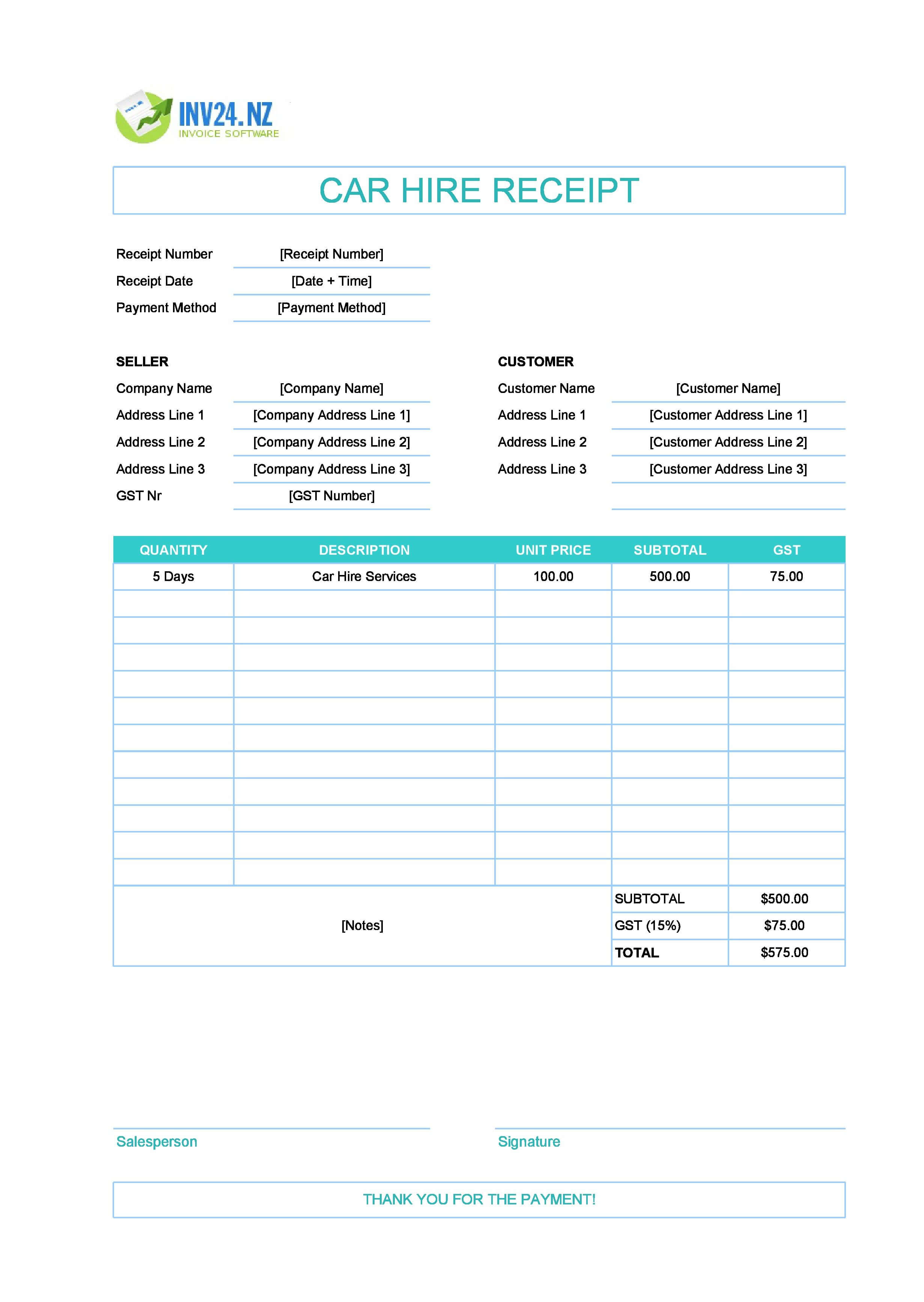 Car Hire Receipt Template for New Zealand (Excel / Google Sheets)