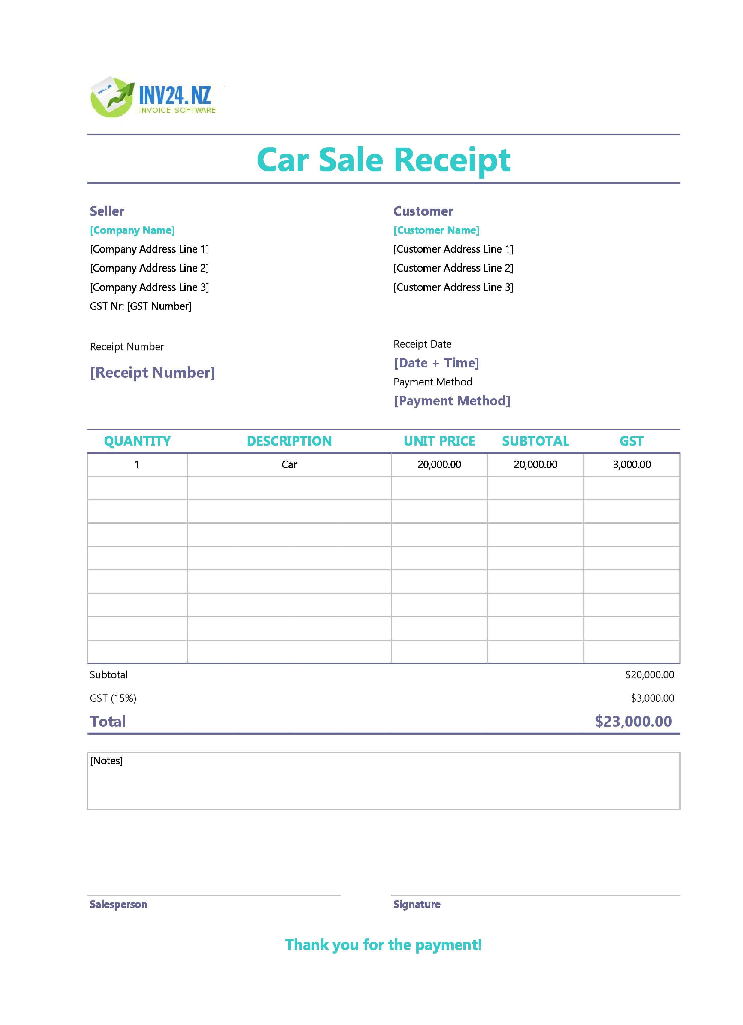 Car Sale Receipt Template for New Zealand (Excel / Google Sheets)