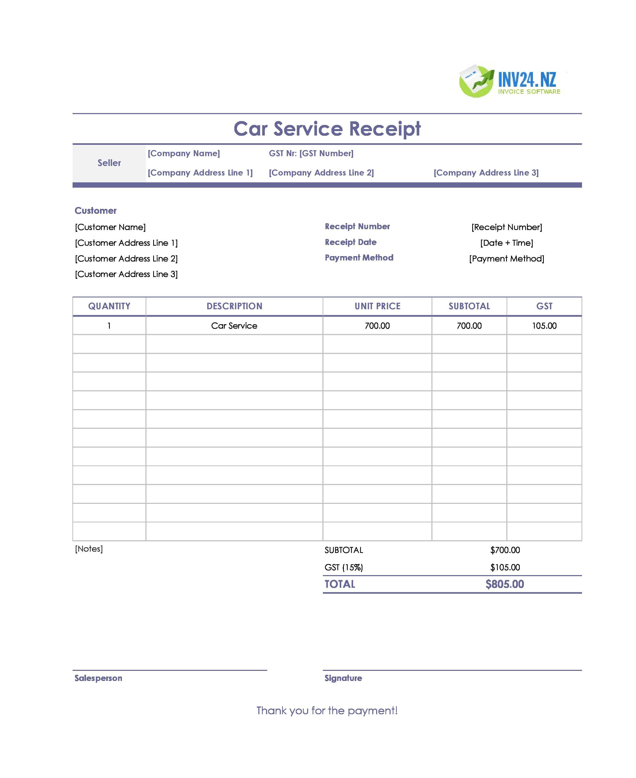 Car Service Receipt Template for New Zealand (Excel / Google Sheets)
