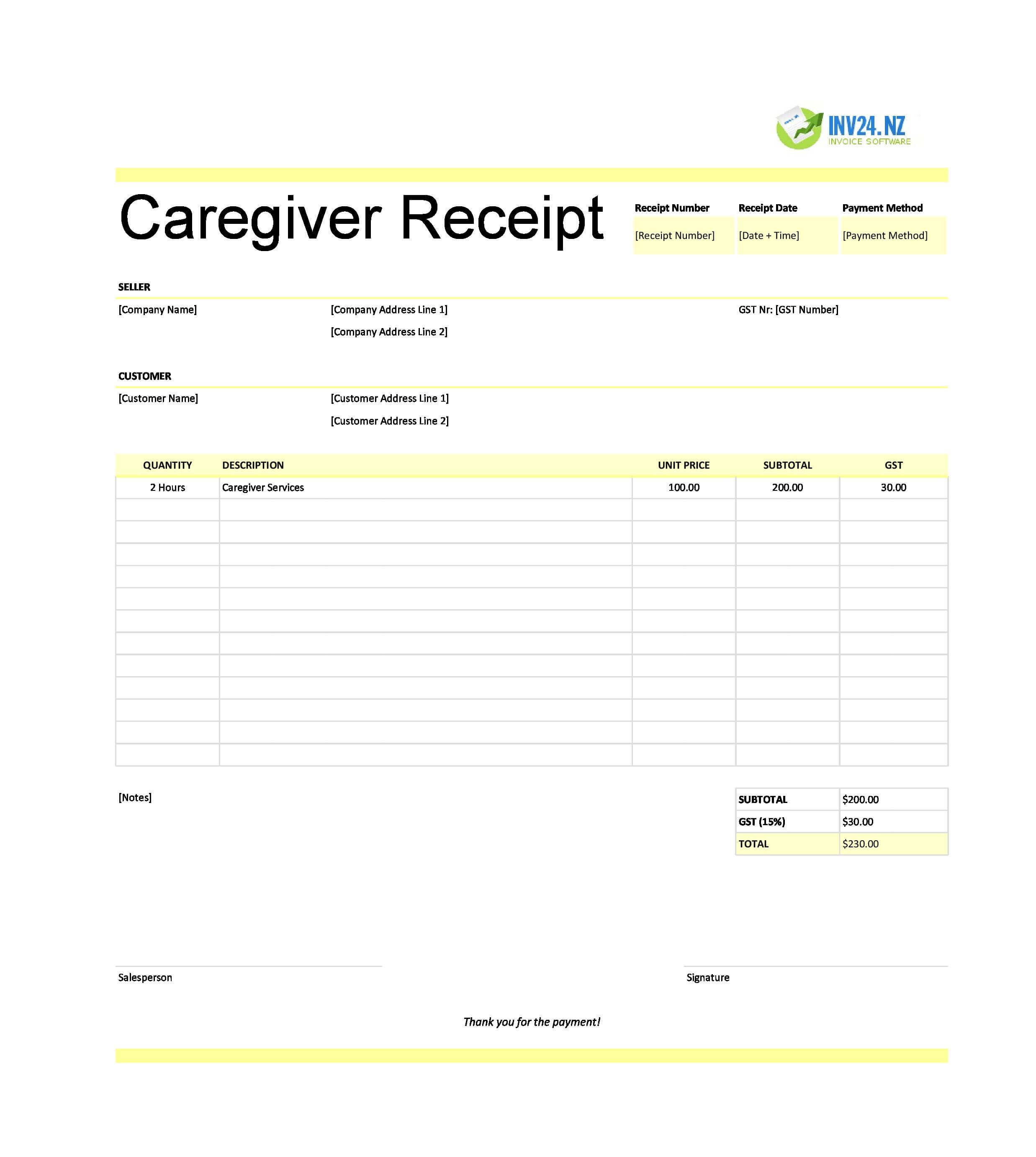 Caregiver Receipt Template for New Zealand (Excel / Google Sheets)