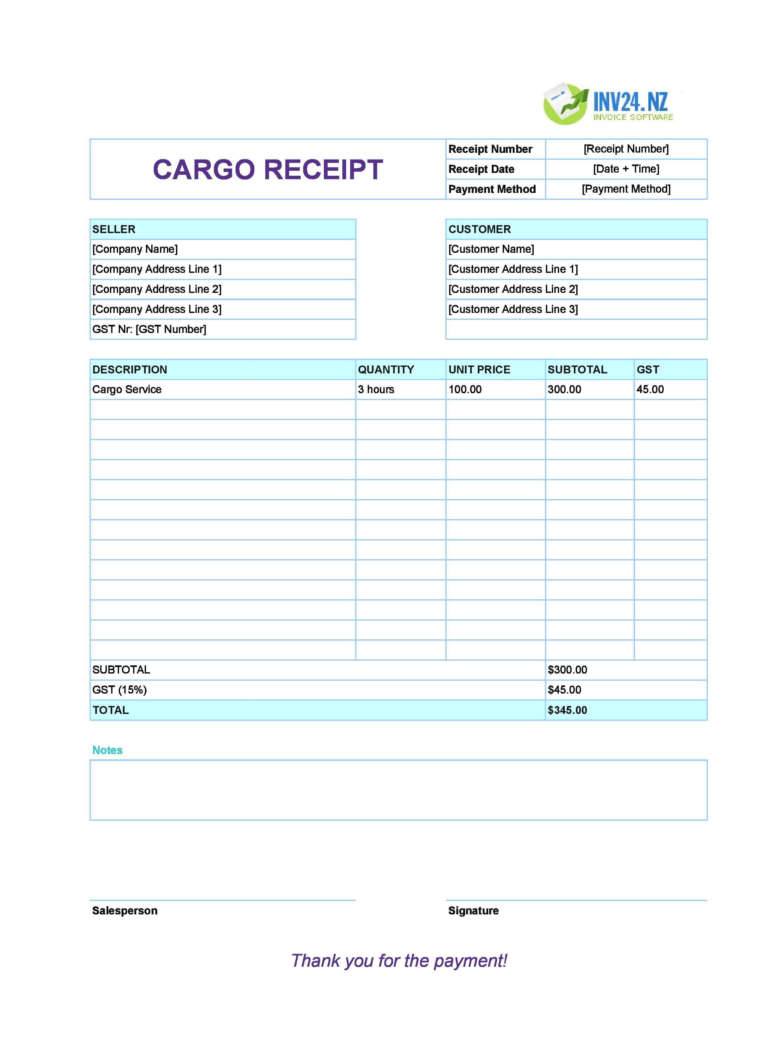 Cargo Receipt Template for New Zealand (Excel / Google Sheets)