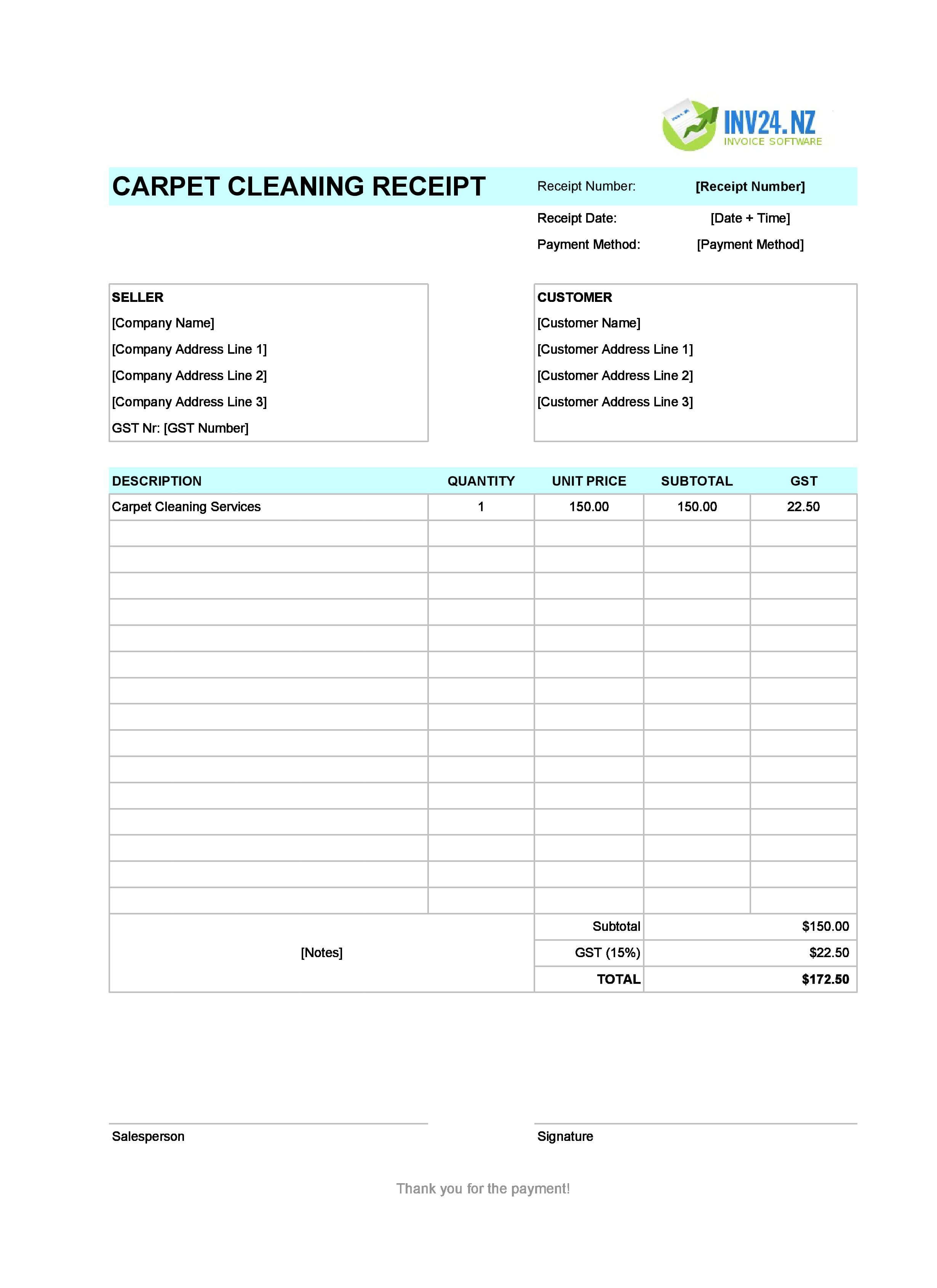 Carpet Cleaning Receipt Template for New Zealand (Excel / Google Sheets)
