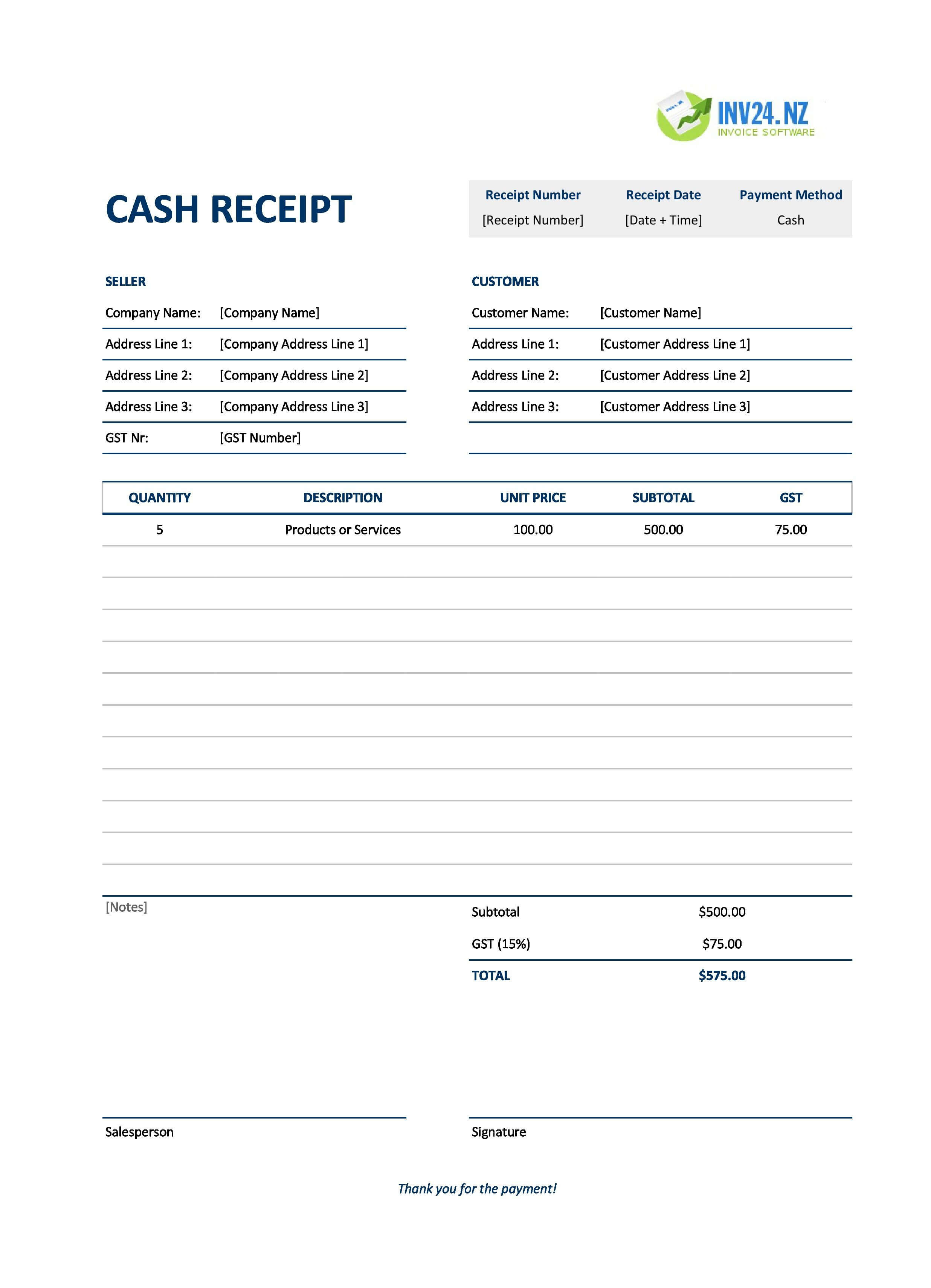 Cash Receipt Template for New Zealand (Excel / Google Sheets)