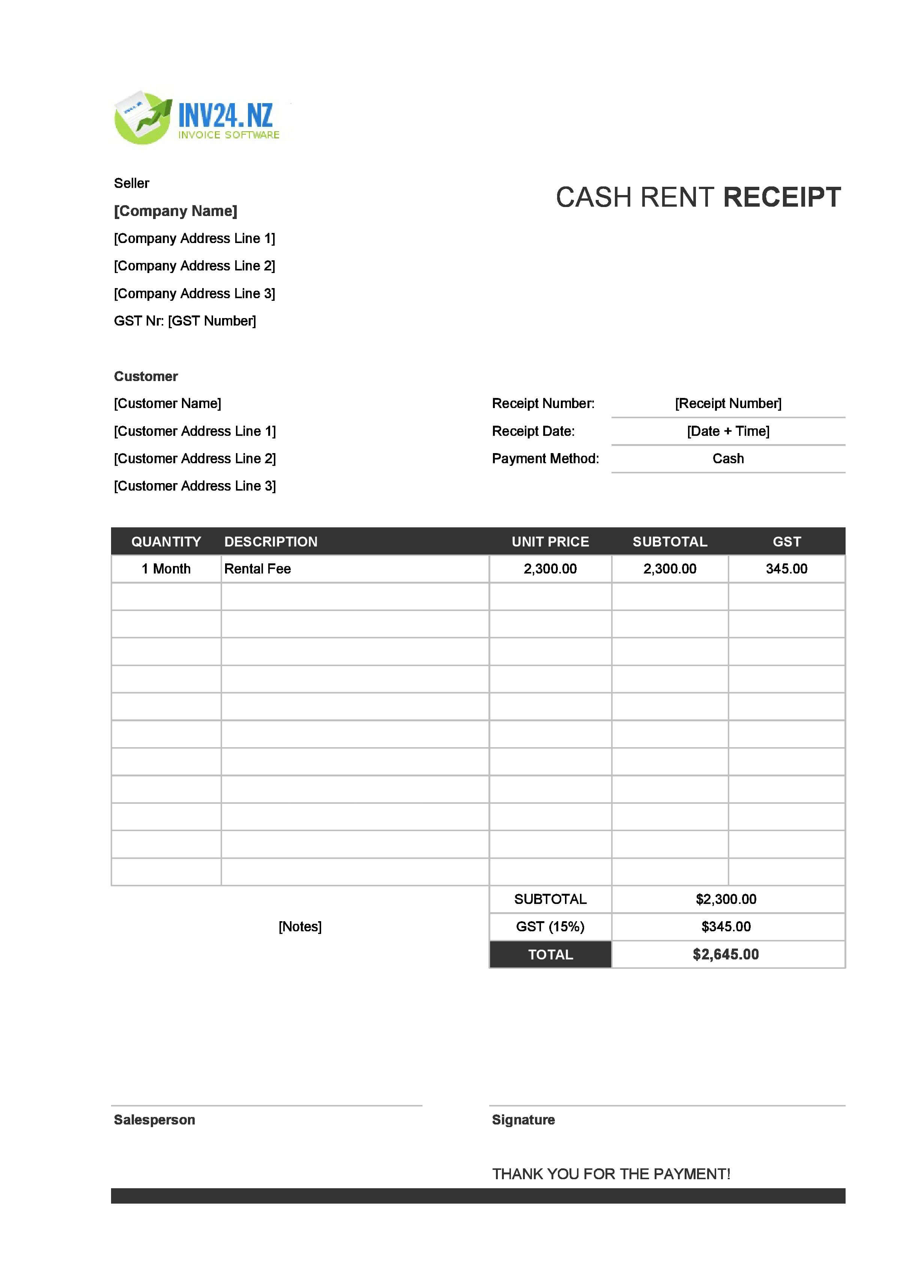 Cash Rent Receipt Template for New Zealand (Excel / Google Sheets)