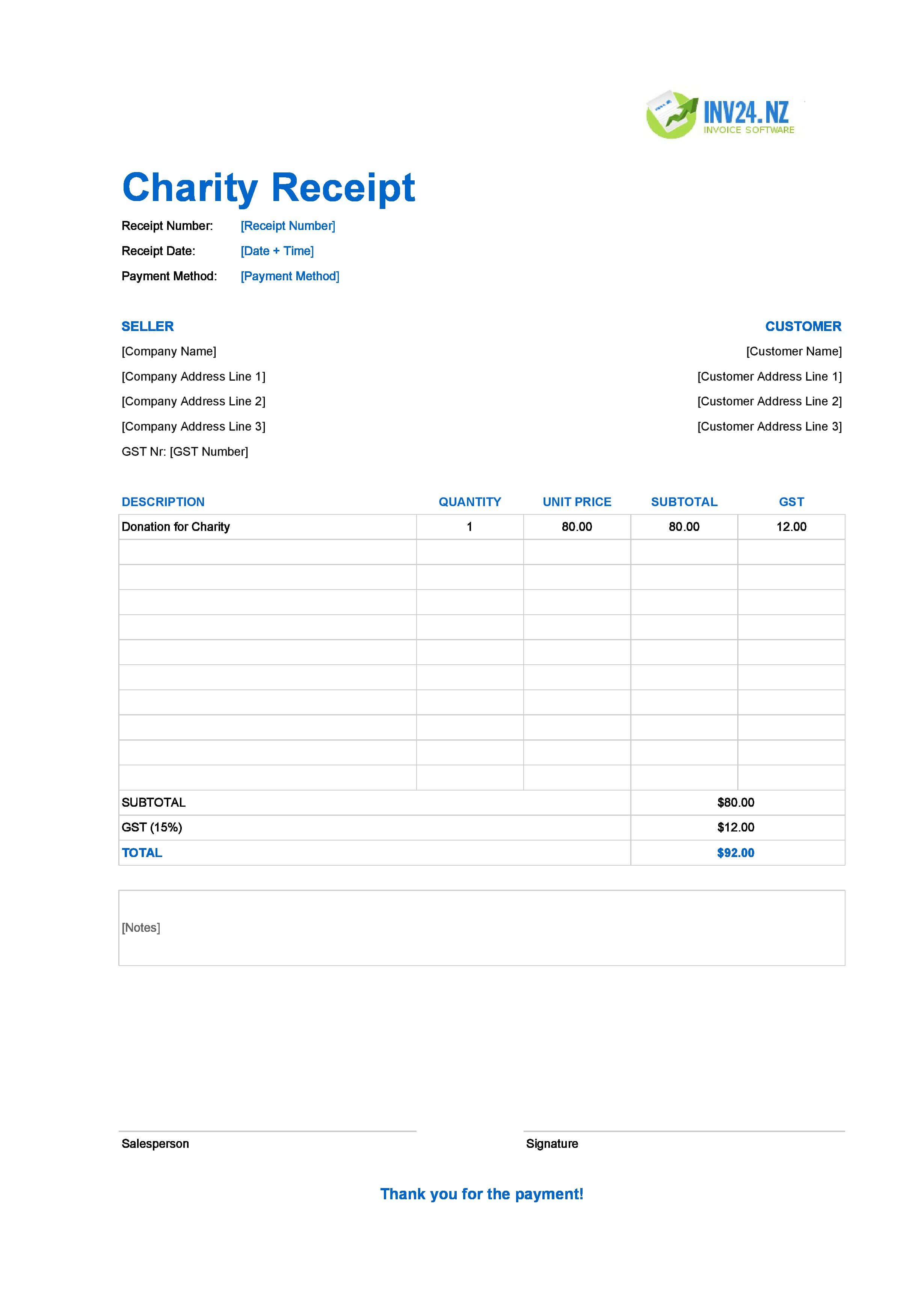 Charity Receipt Template for New Zealand (Excel / Google Sheets)