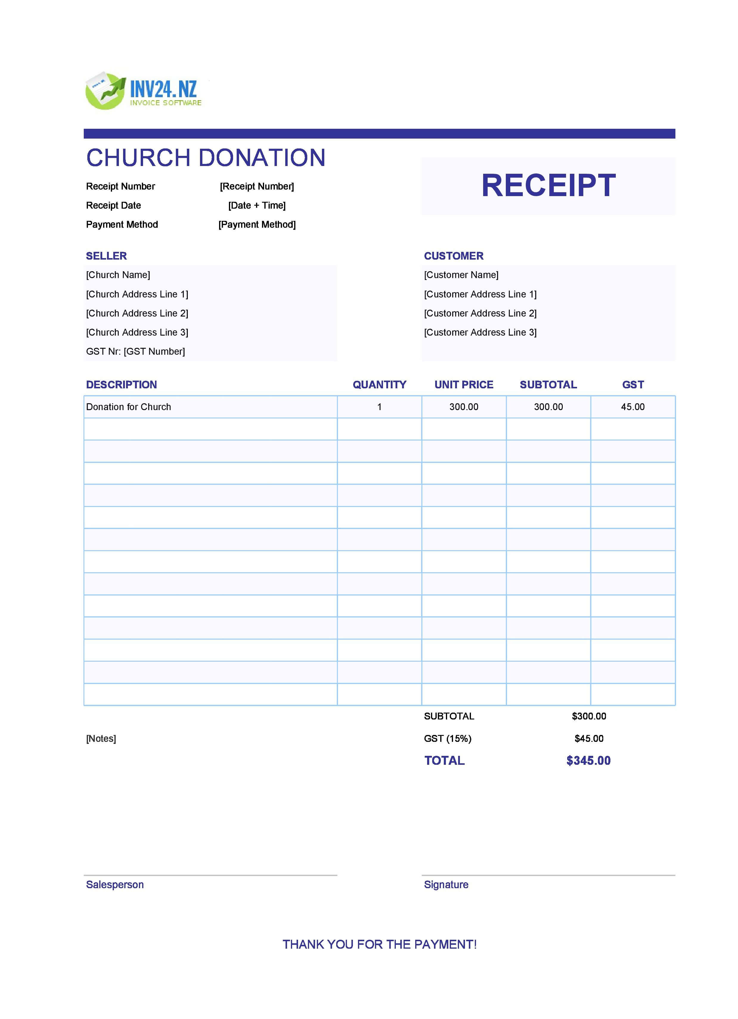 Church Donation Receipt Template for New Zealand (Excel / Google Sheets)
