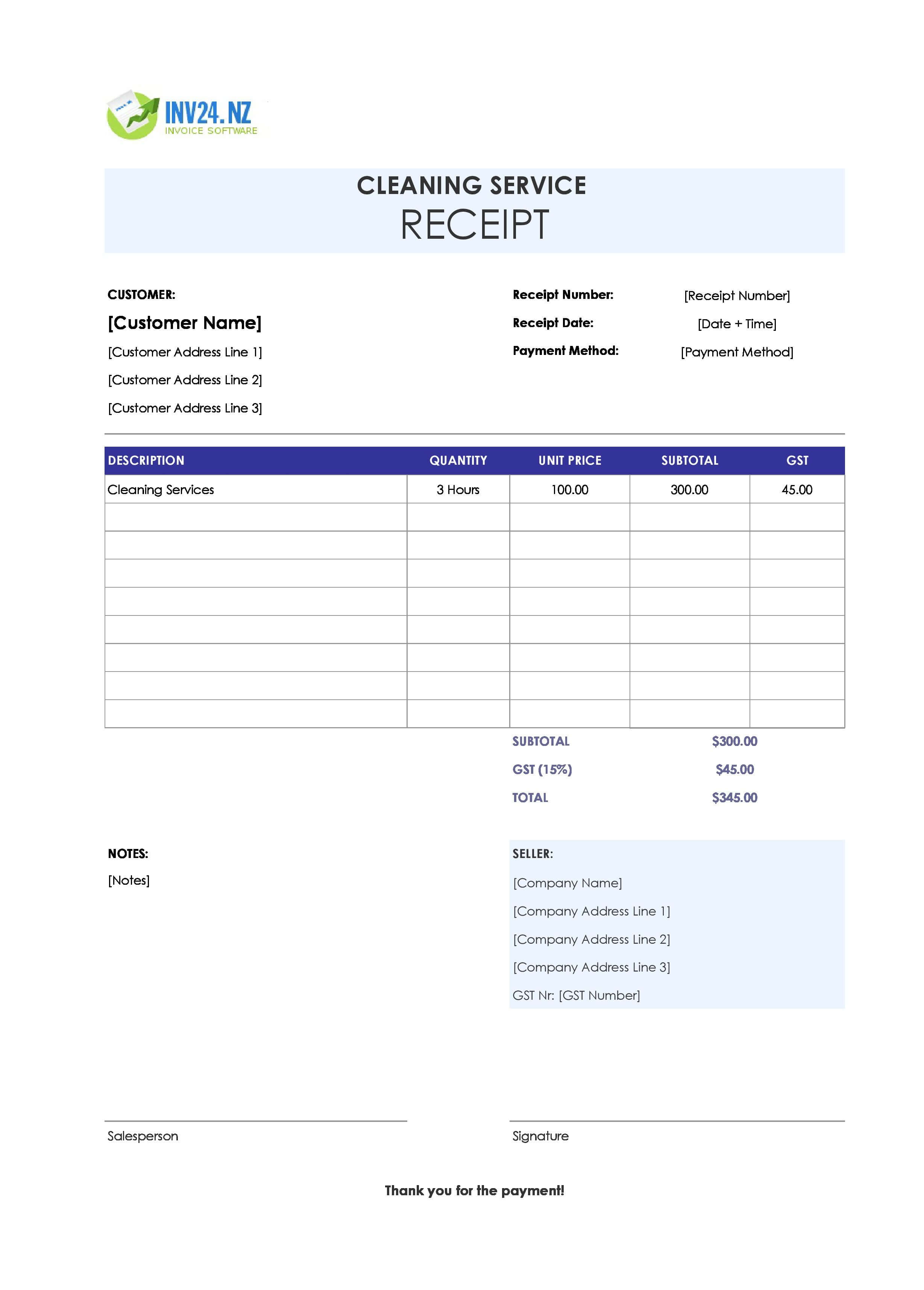 Cleaning Service Receipt Template for New Zealand (Excel / Google Sheets)