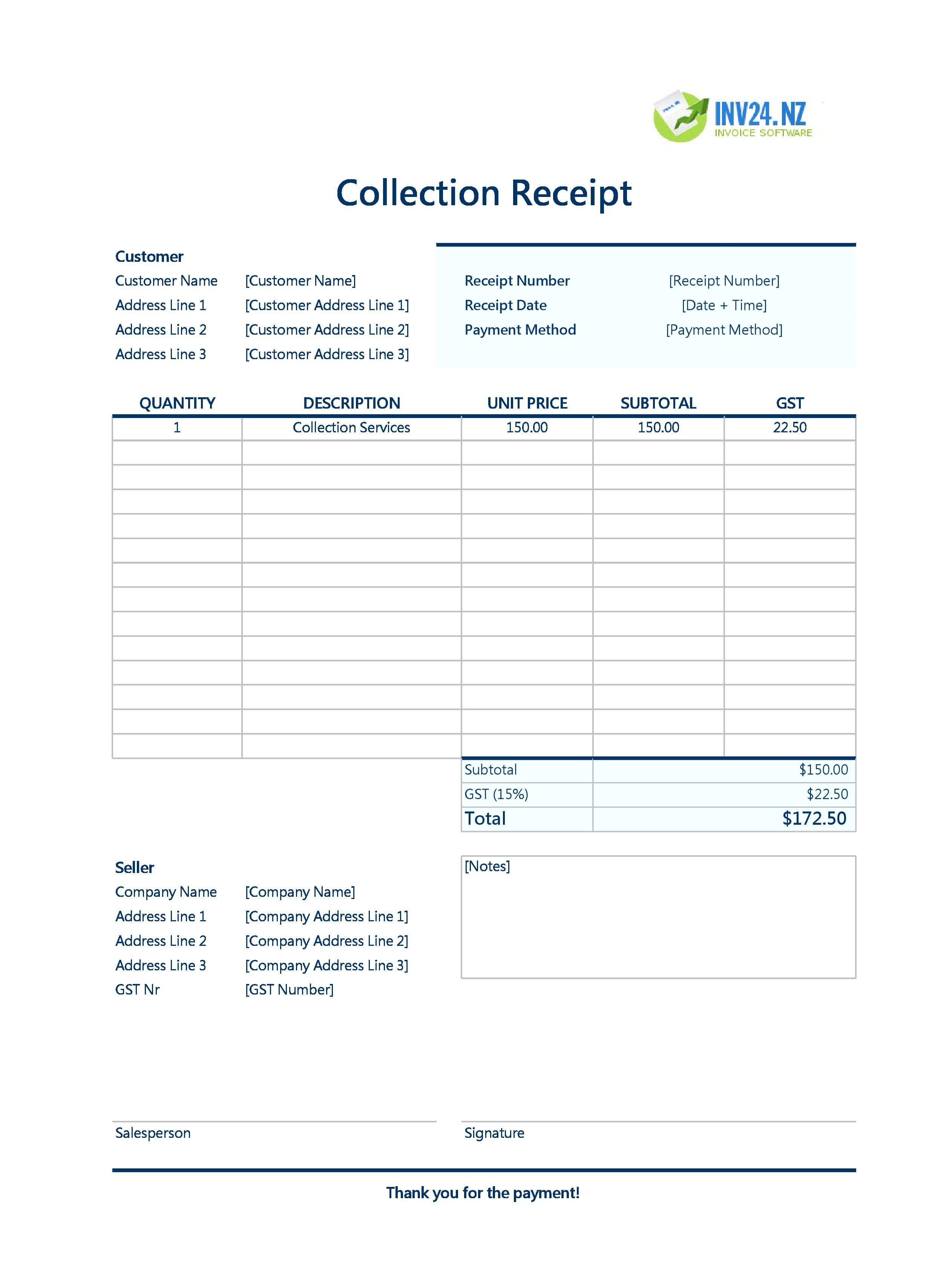Collection Receipt Template for New Zealand (Excel / Google Sheets)
