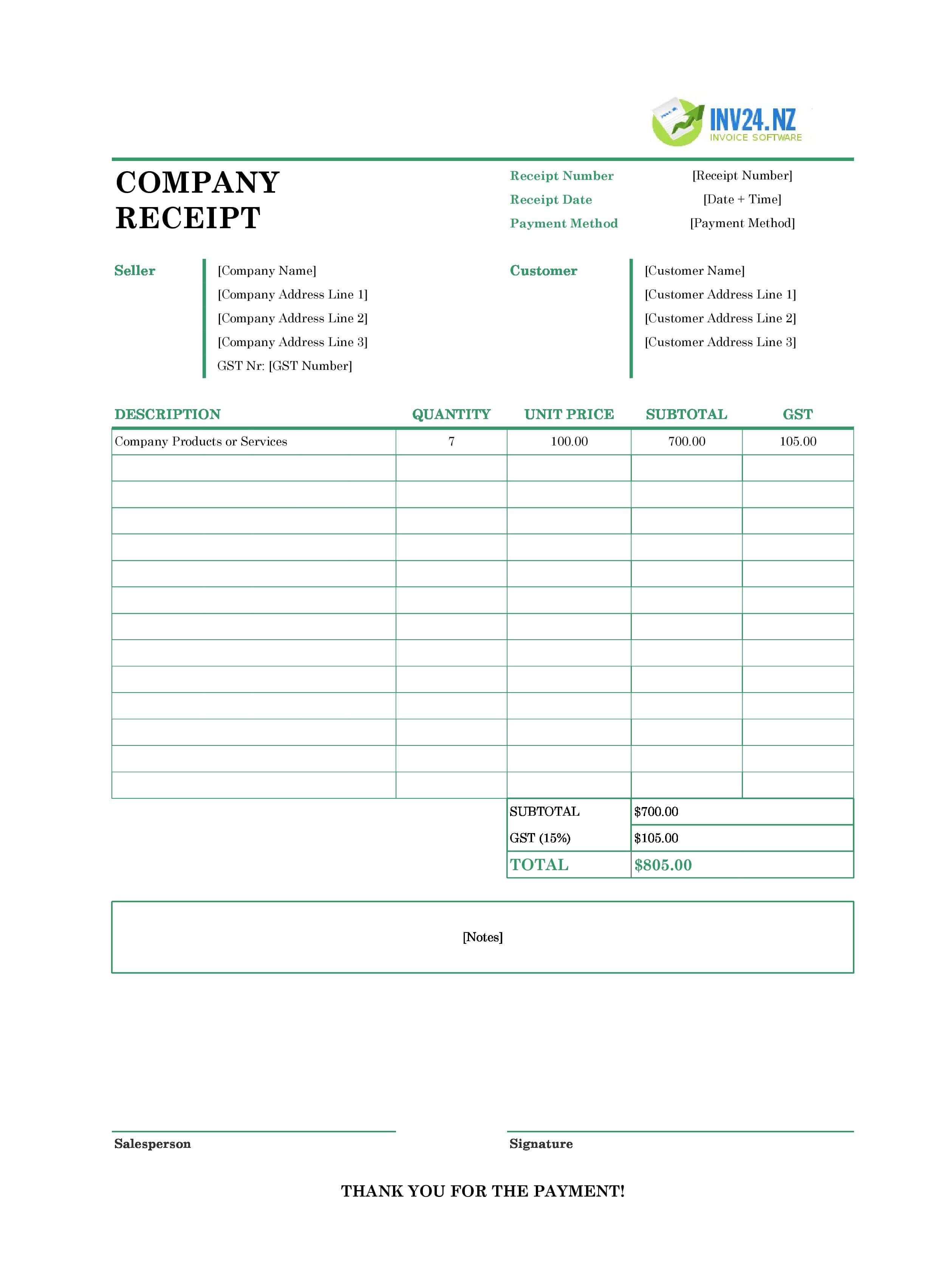 Company Receipt Template for New Zealand (Excel / Google Sheets)