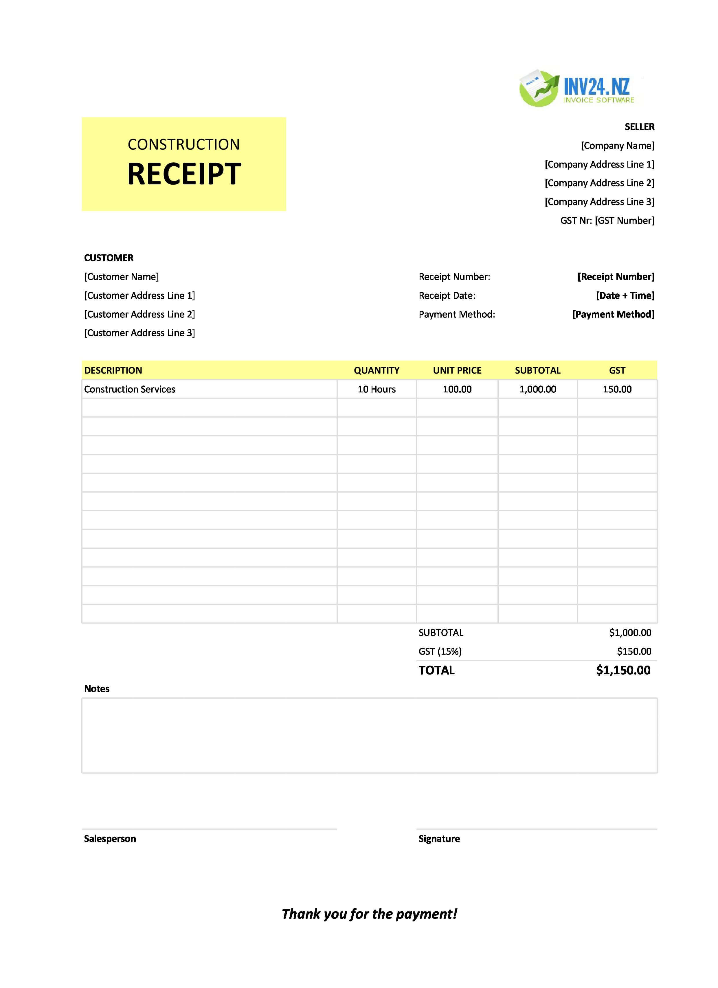 Construction Receipt Template for New Zealand (Excel / Google Sheets)