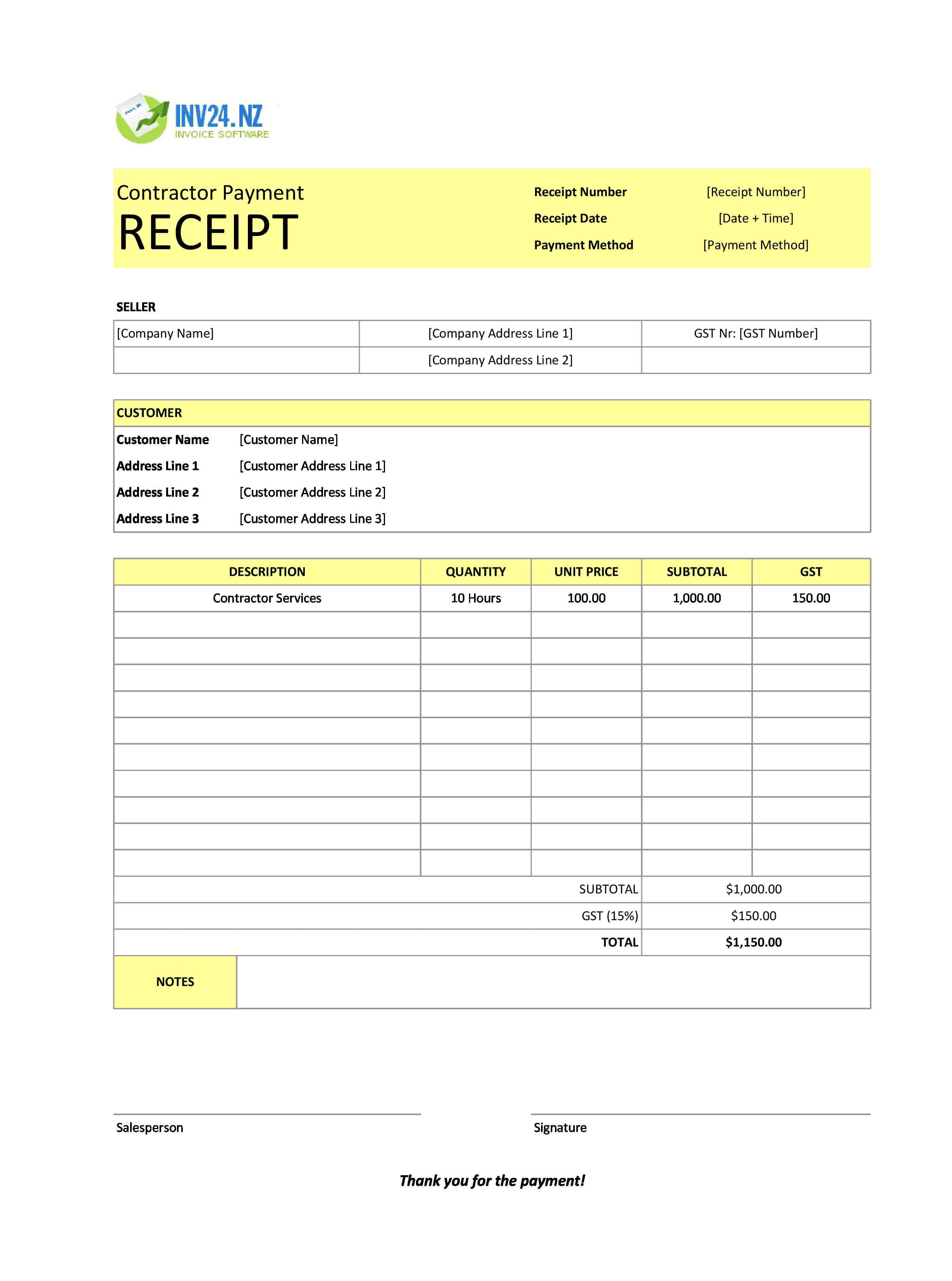 Contractor Payment Receipt Template for New Zealand (Excel / Google Sheets)