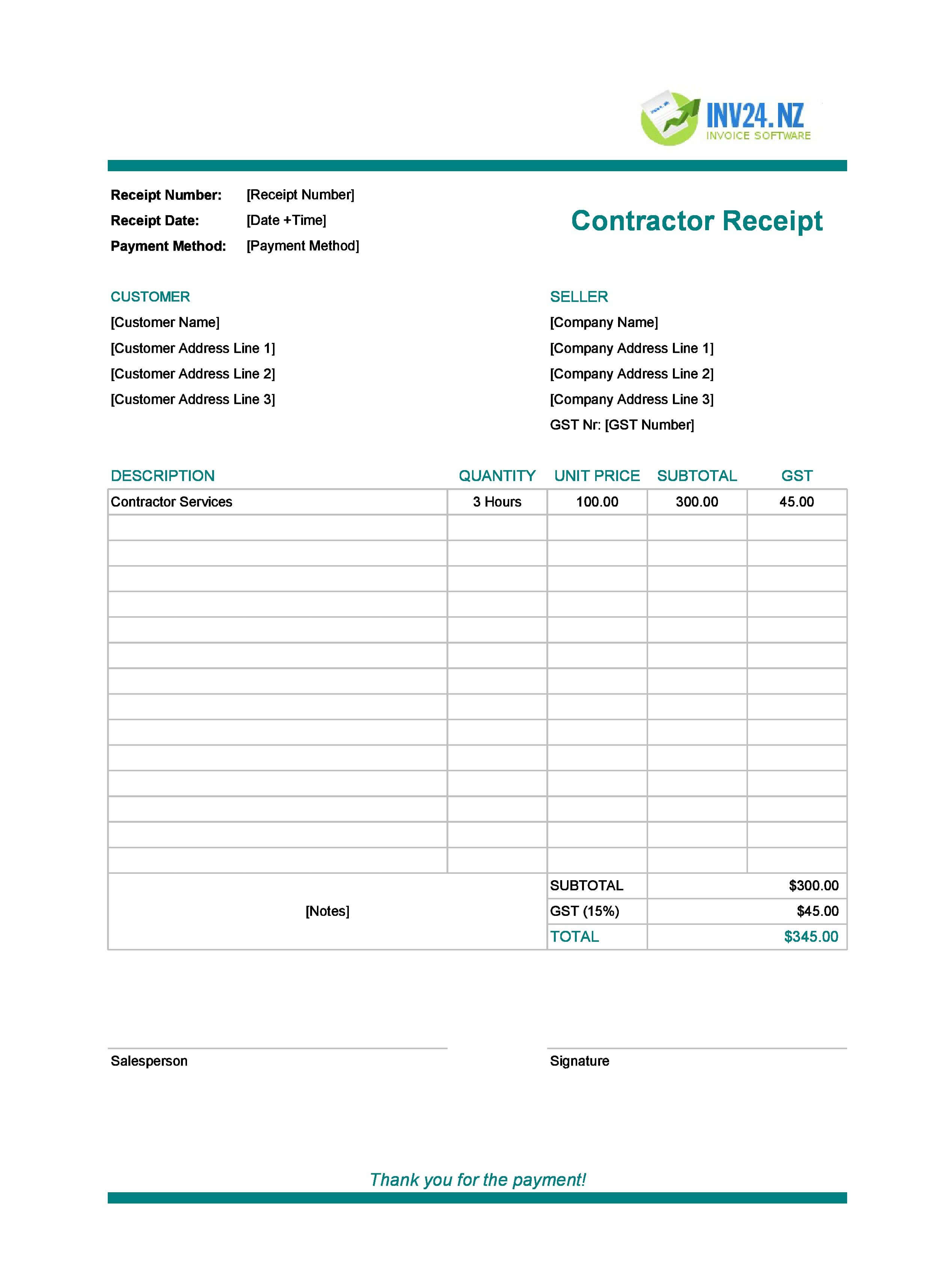 Contractor Receipt Template for New Zealand (Excel / Google Sheets)