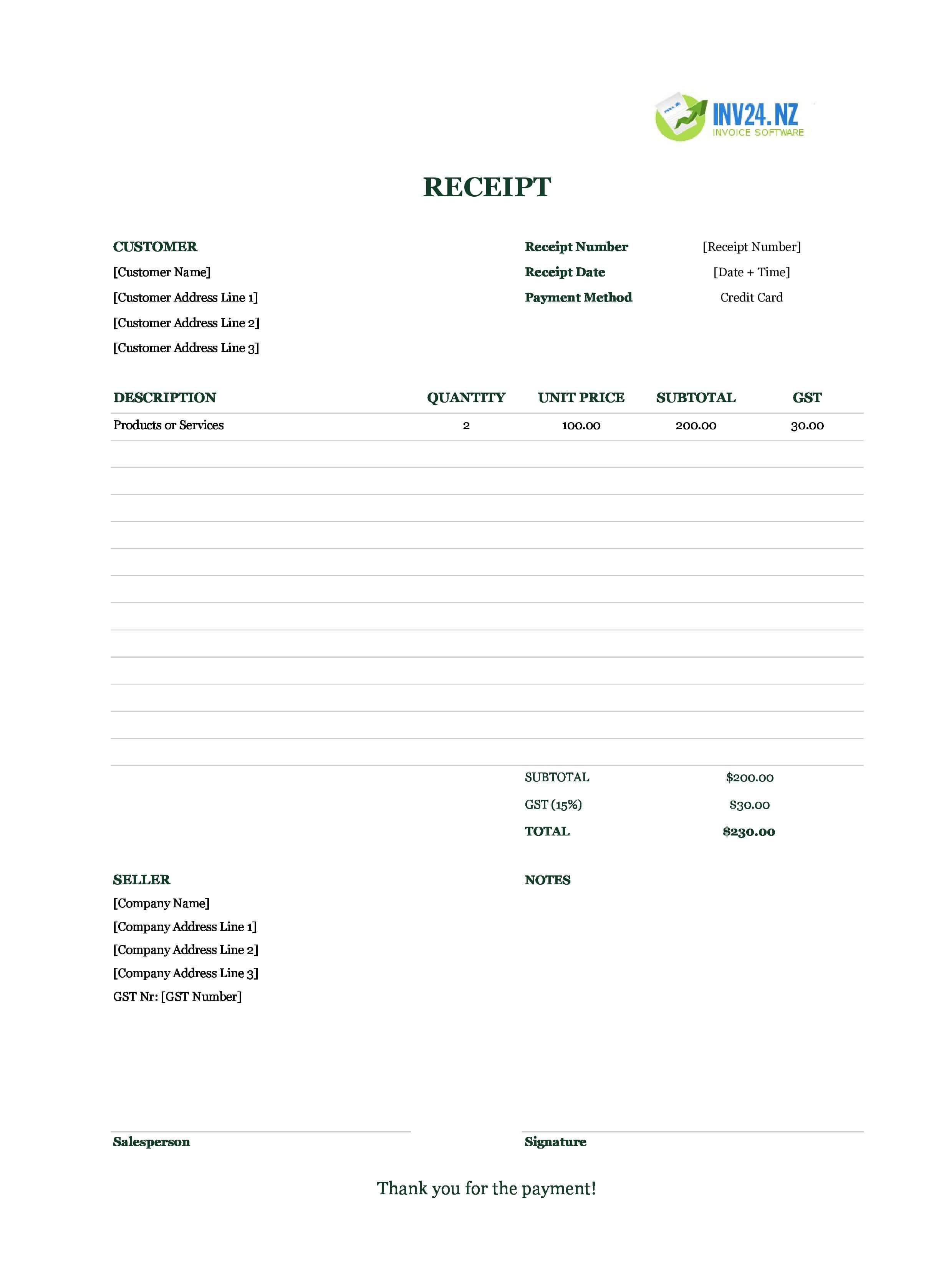 Credit Card Receipt Template for New Zealand (Excel / Google Sheets)