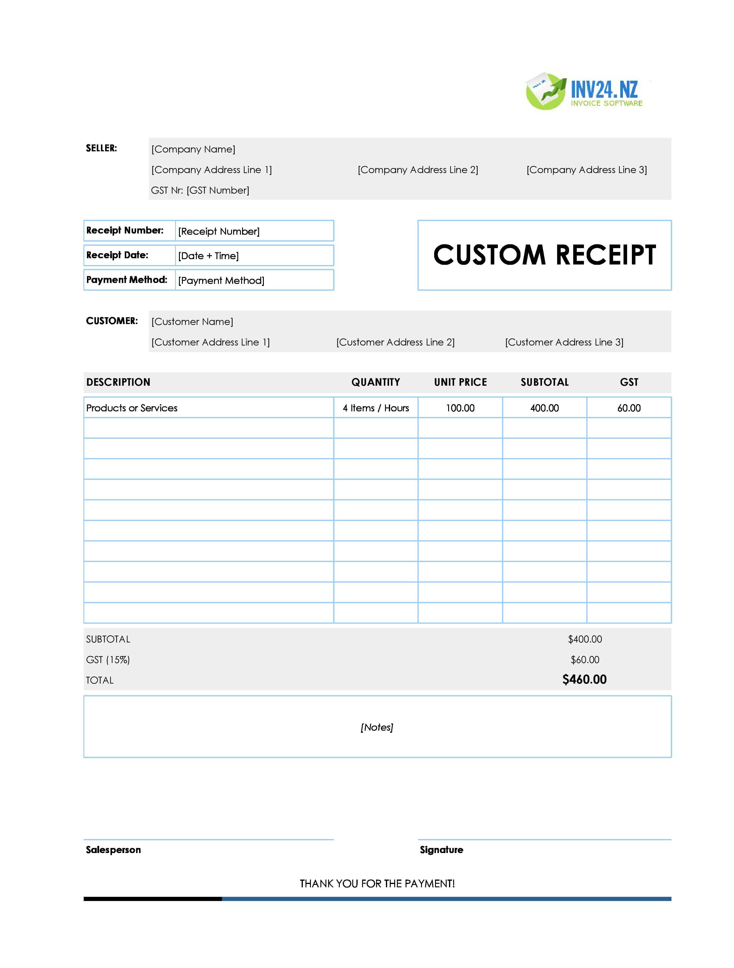 Custom Receipt Template for New Zealand (Excel / Google Sheets)