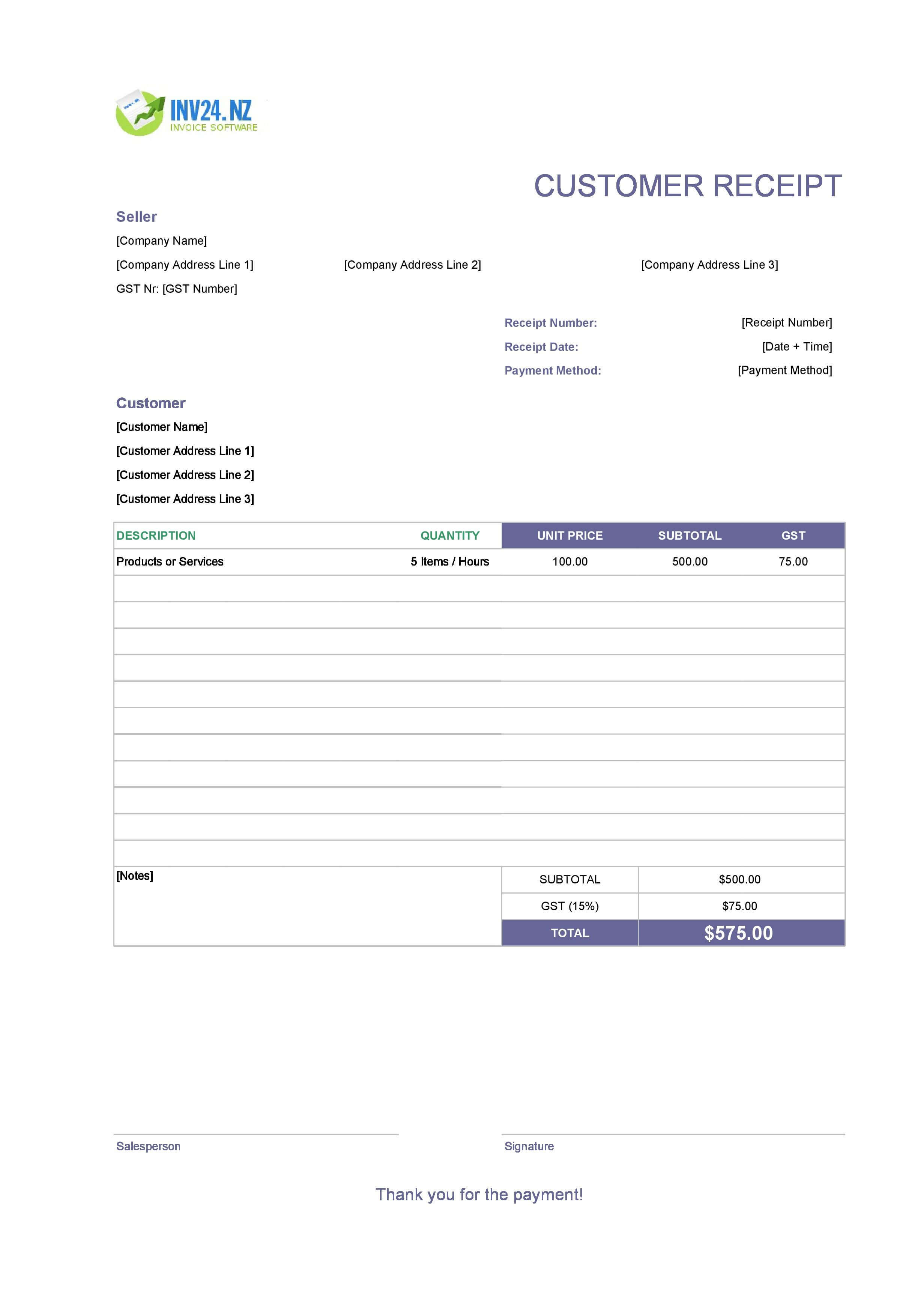 Customer Receipt Template for New Zealand (Excel / Google Sheets)