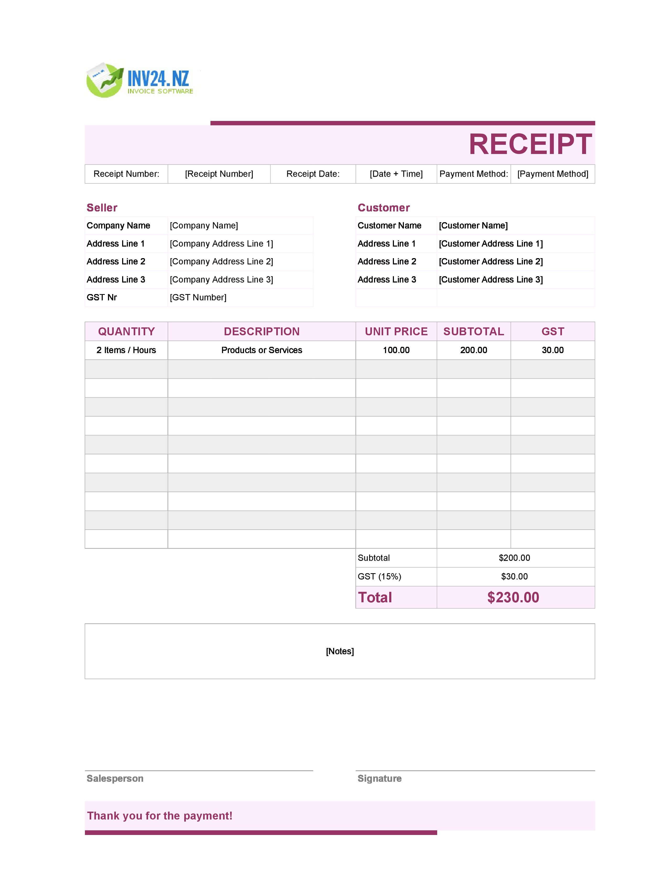 Cute Receipt Template for New Zealand (Excel / Google Sheets)