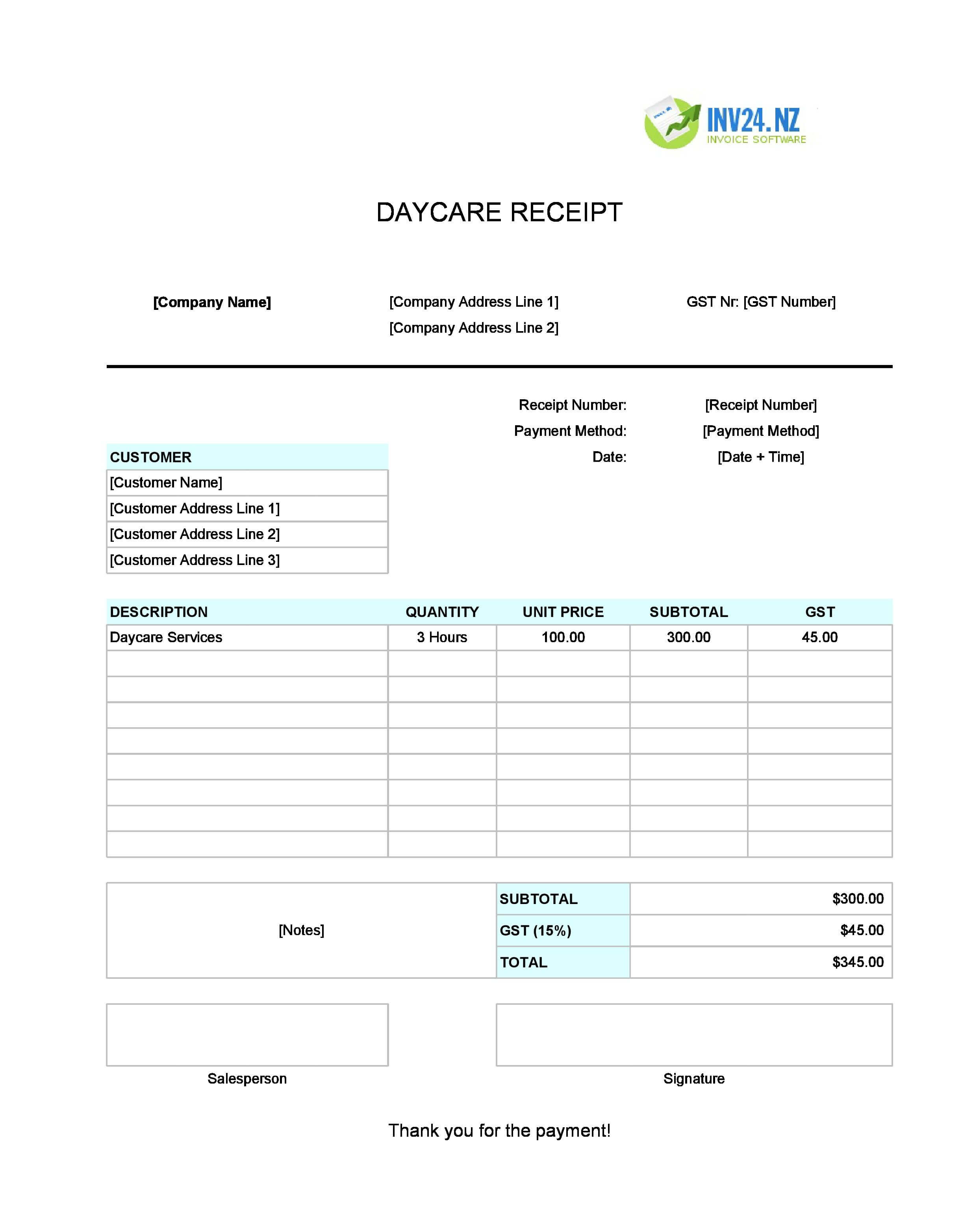 Daycare Receipt Template for New Zealand (Excel / Google Sheets)