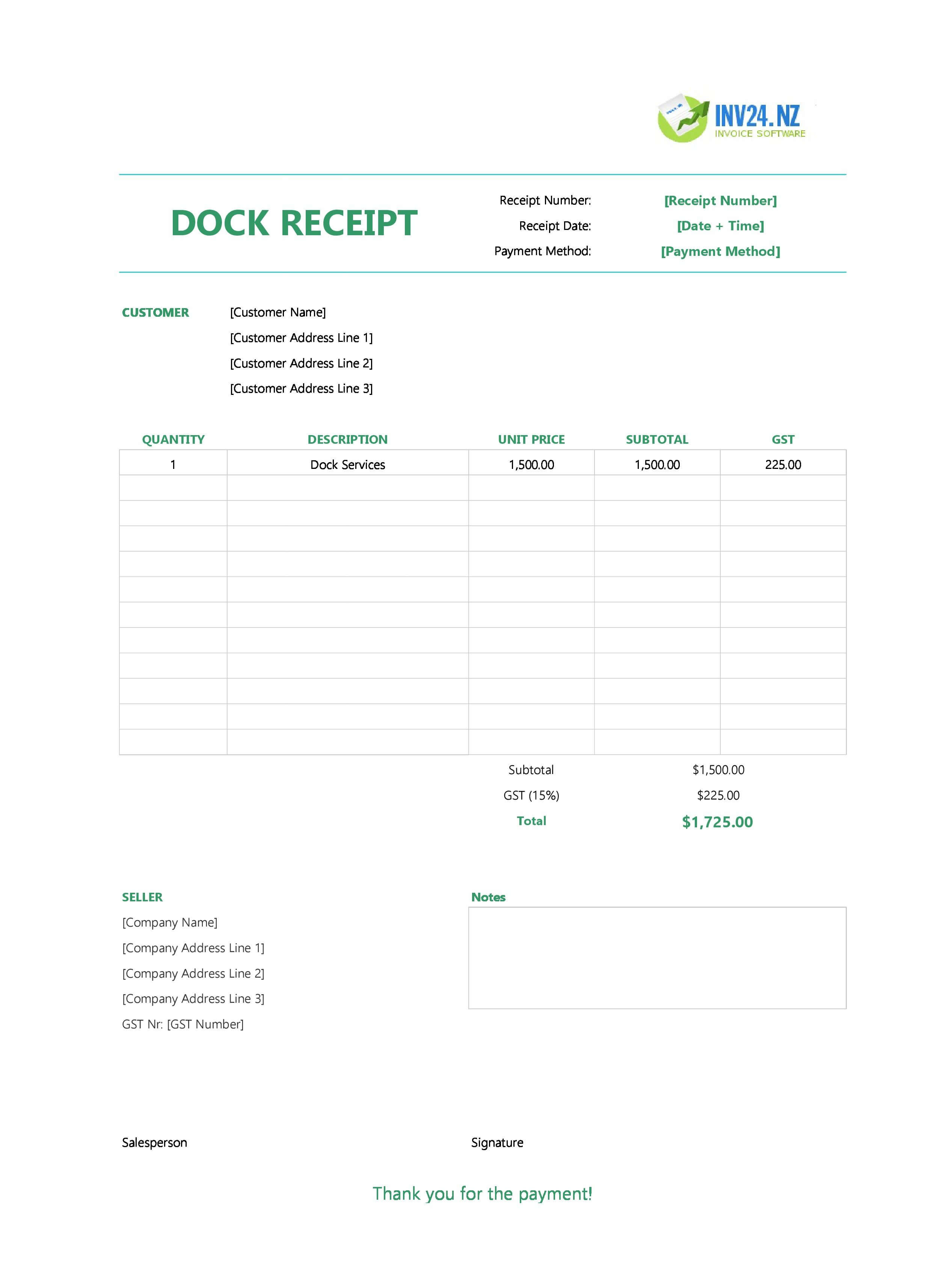 Dock Receipt Template for New Zealand (Excel / Google Sheets)