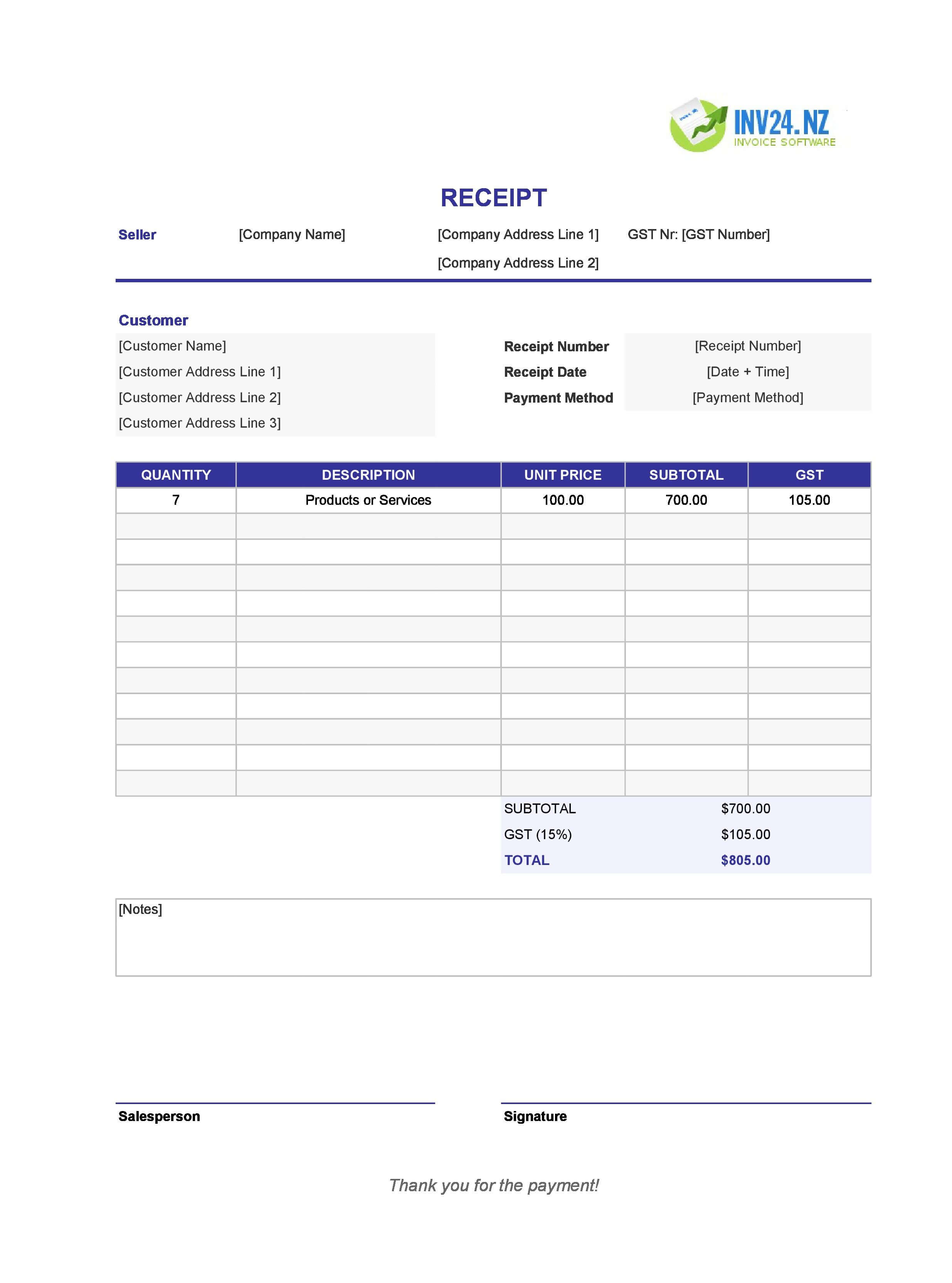 Downloadable Receipt Template for New Zealand (Excel / Google Sheets)