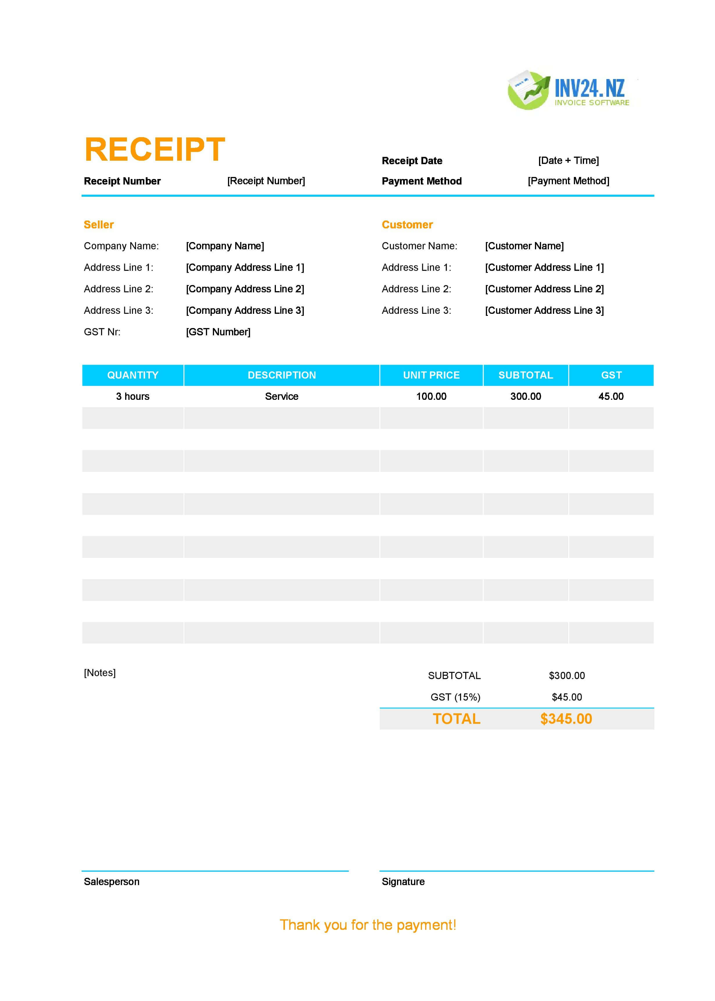 Editable Receipt Template for New Zealand (Excel / Google Sheets)